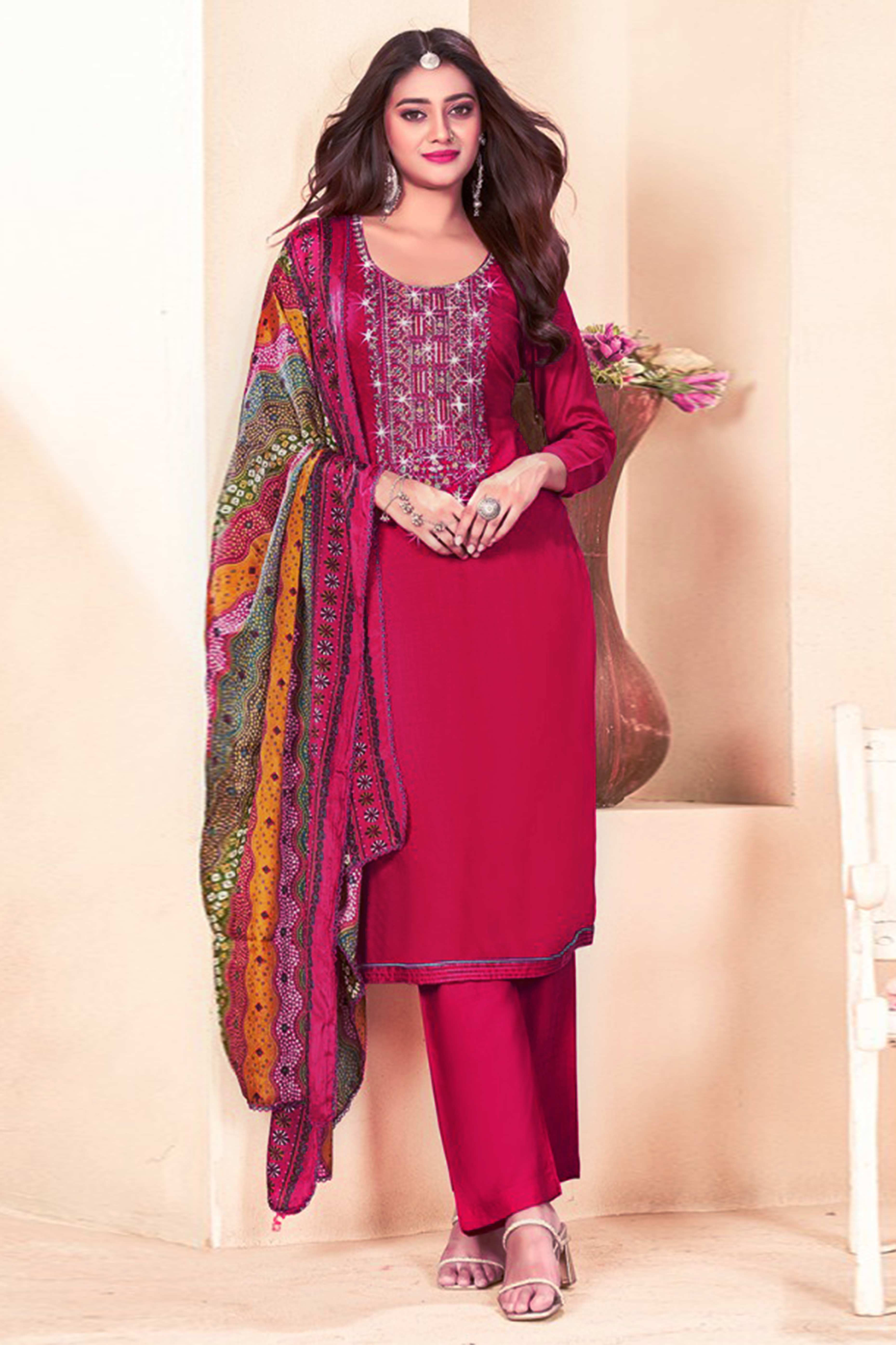 Rani Pink Embroidery With Diamond Rayon Dress Material