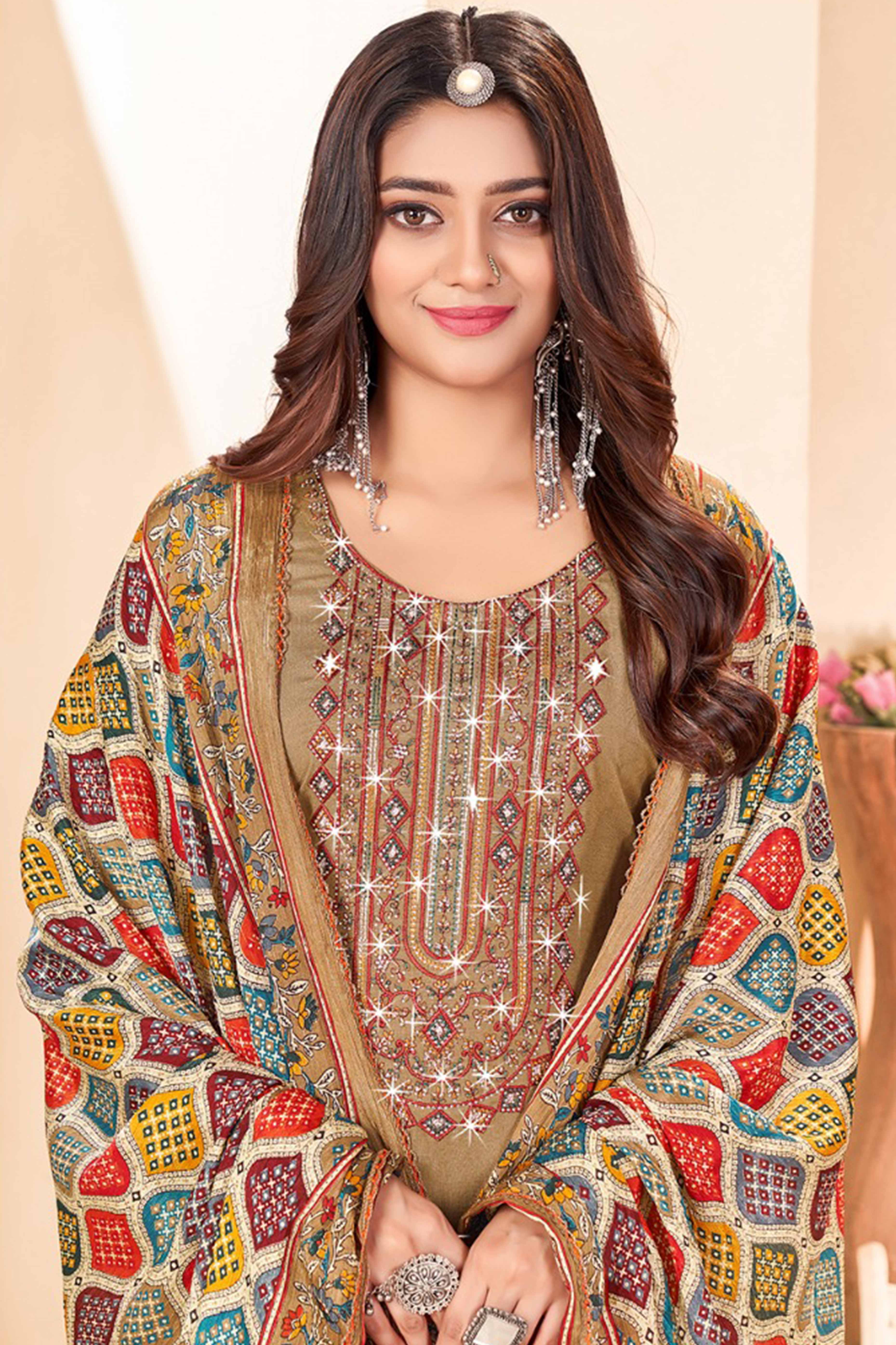 Chikoo Embroidery With Diamond Rayon Dress Material