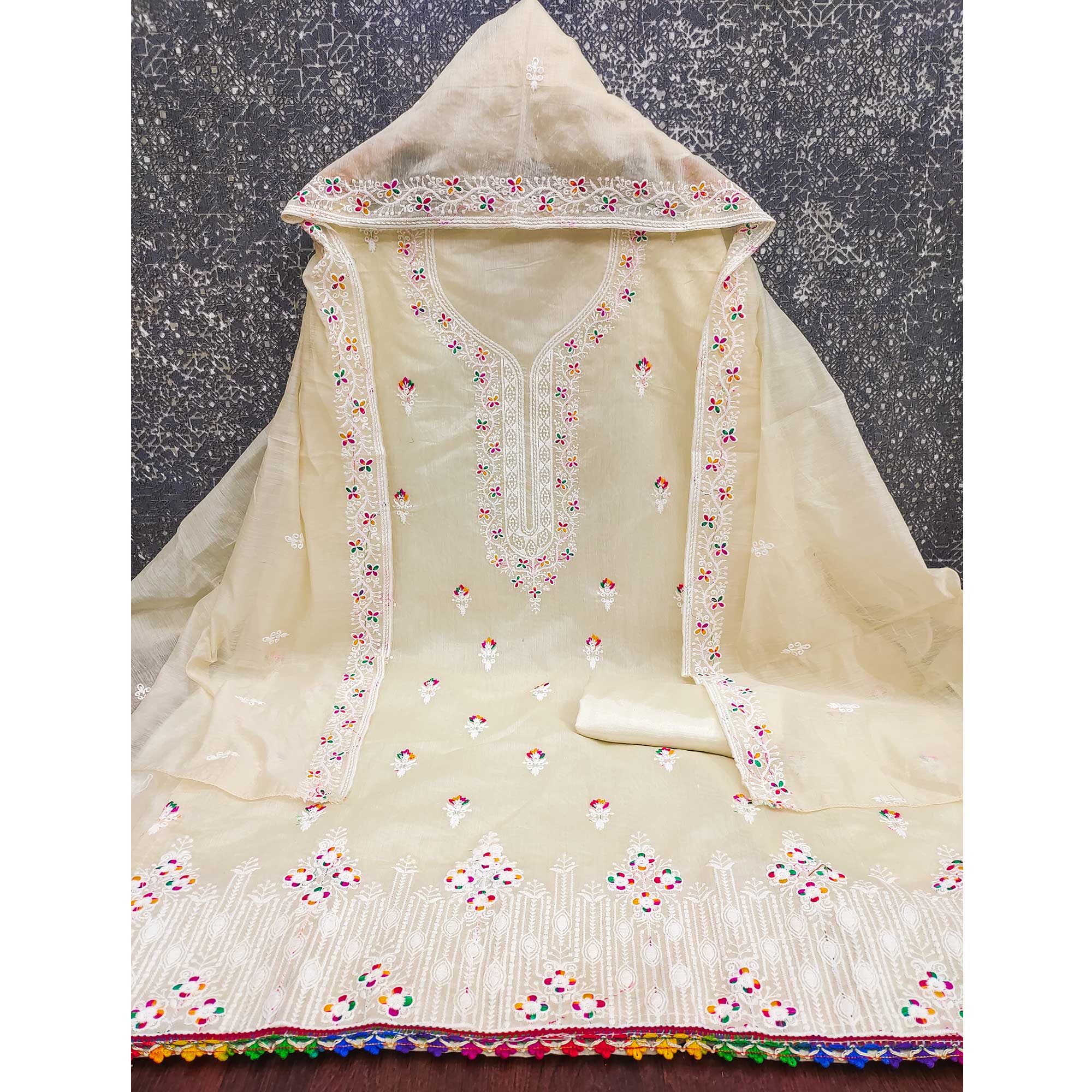 Cream Chanderi Silk Dress Material Beautified with Intricate Floral Thread Embroidery