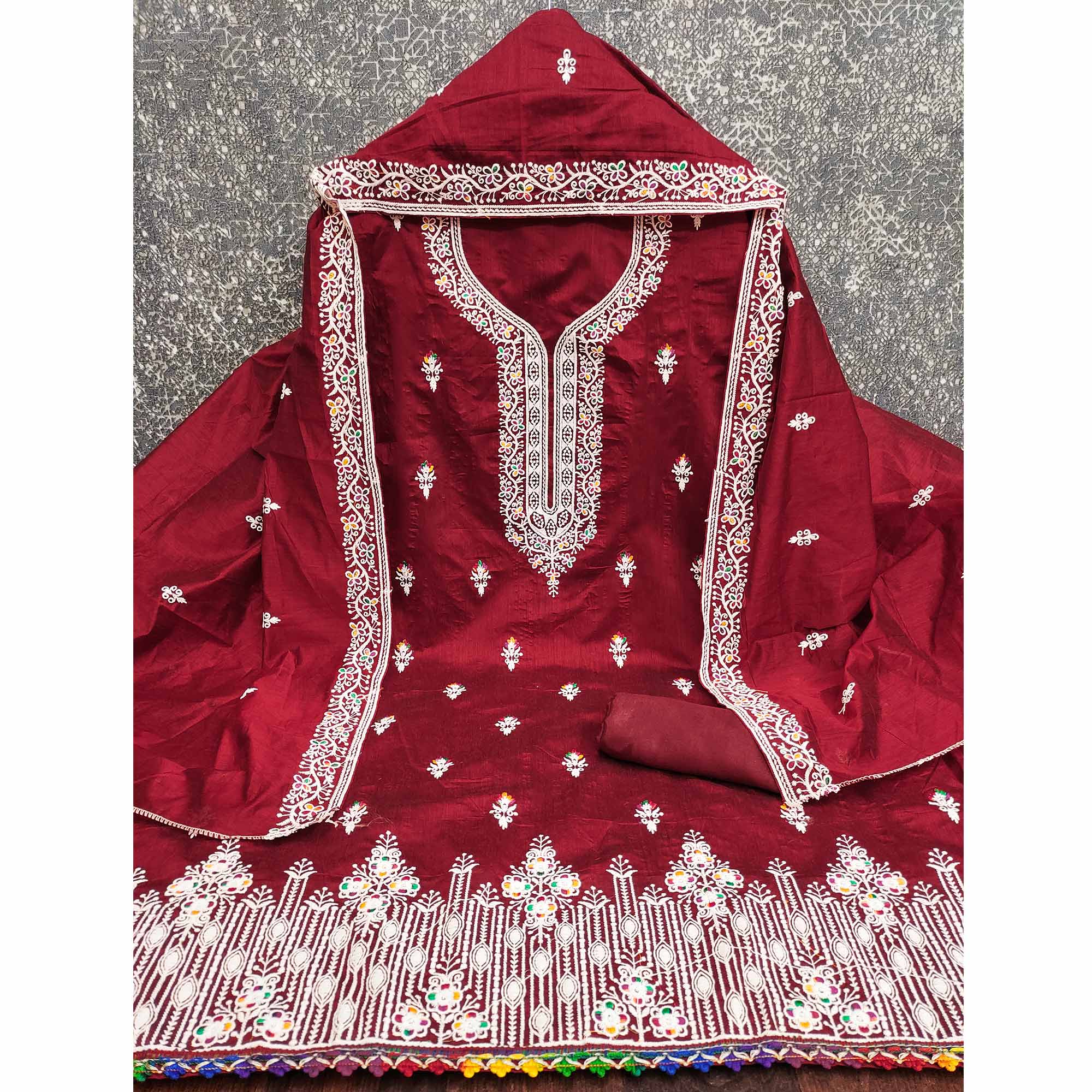 Maroon Chanderi Silk Dress Material Beautified with Intricate Floral Thread Embroidery