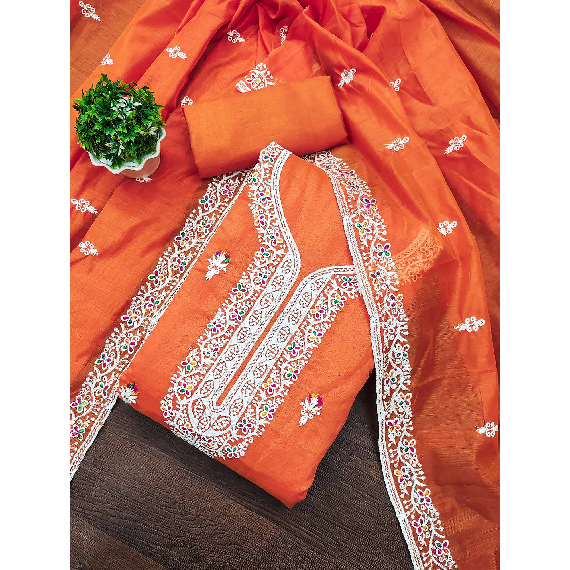 Orange Floral Embroidered Chanderi Dress Material