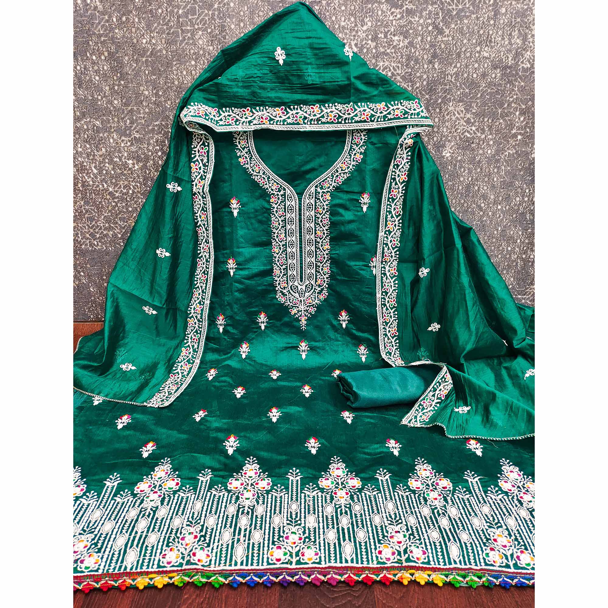 Rama Green Chanderi Silk Dress Material Beautified with Intricate Floral Thread Embroidery