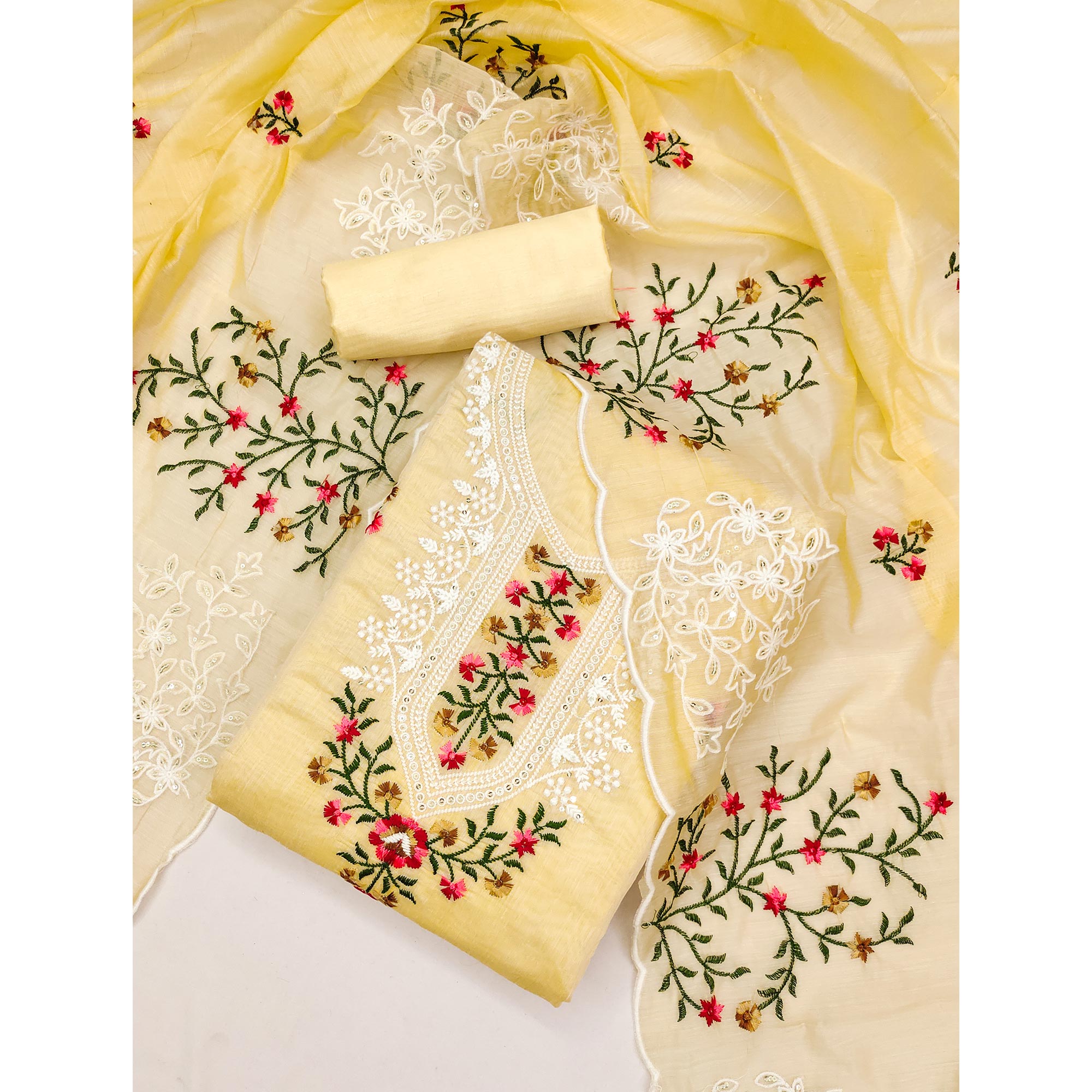 Yellow Floral Sequins Embroidered Chanderi Dress Material