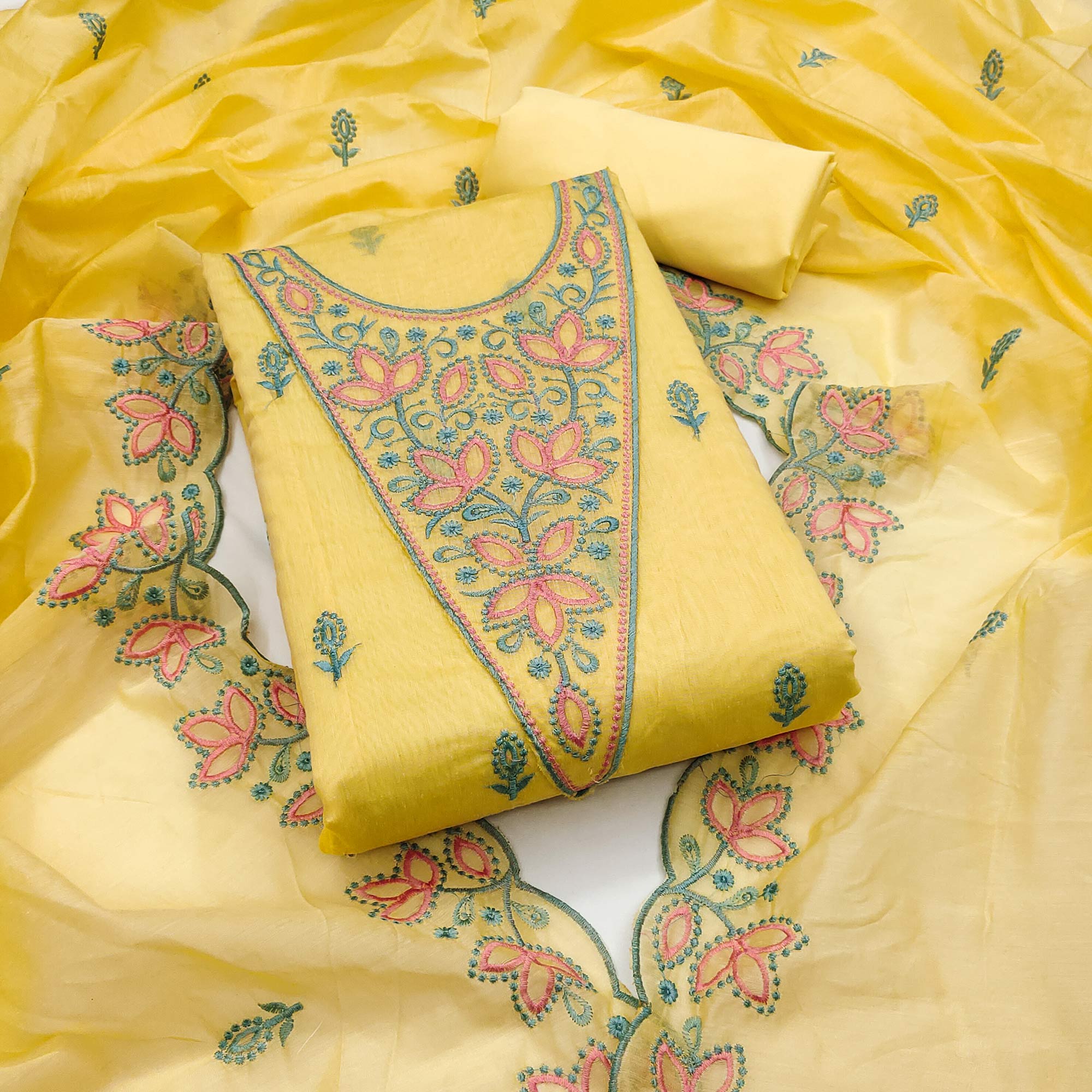 Yellow Floral Embroidered Chanderi Dress Material