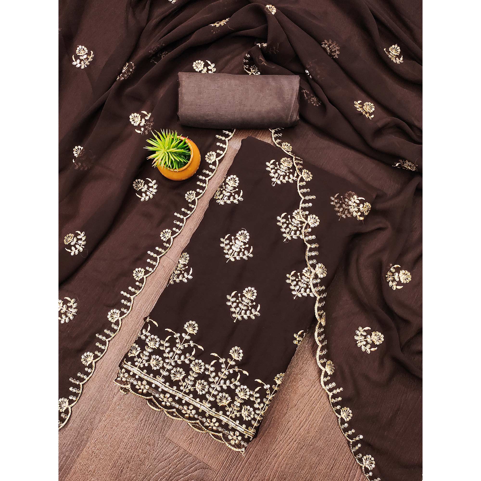 Brown Floral Sequins Embroidered Georgette Dress Material