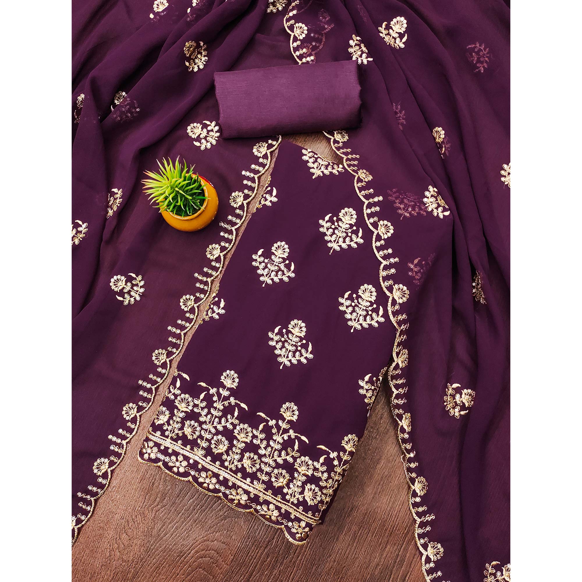 Wine Floral Sequins Embroidered Georgette Dress Material