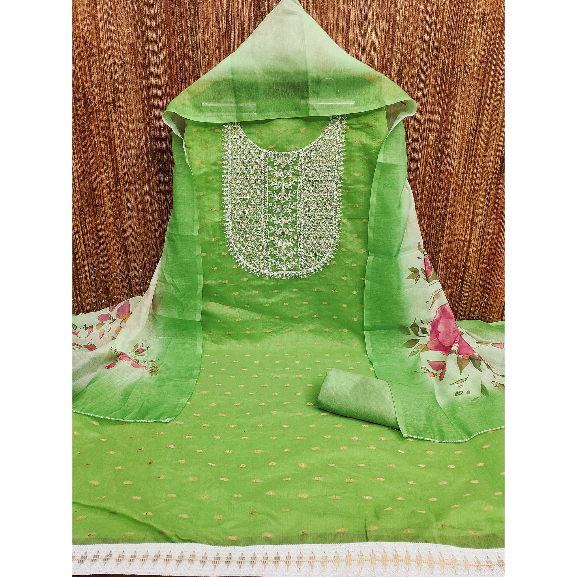 Green Woven With Sequins Embroidered Chanderi Dress Material