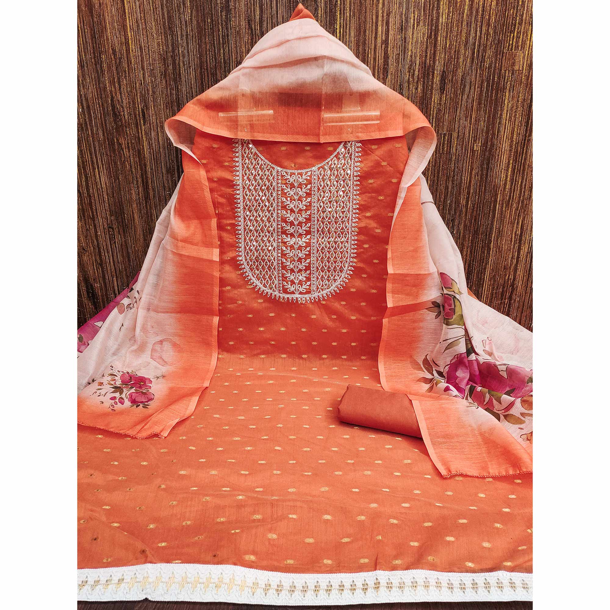 Orange Woven With Sequins Embroidered Chanderi Dress Material