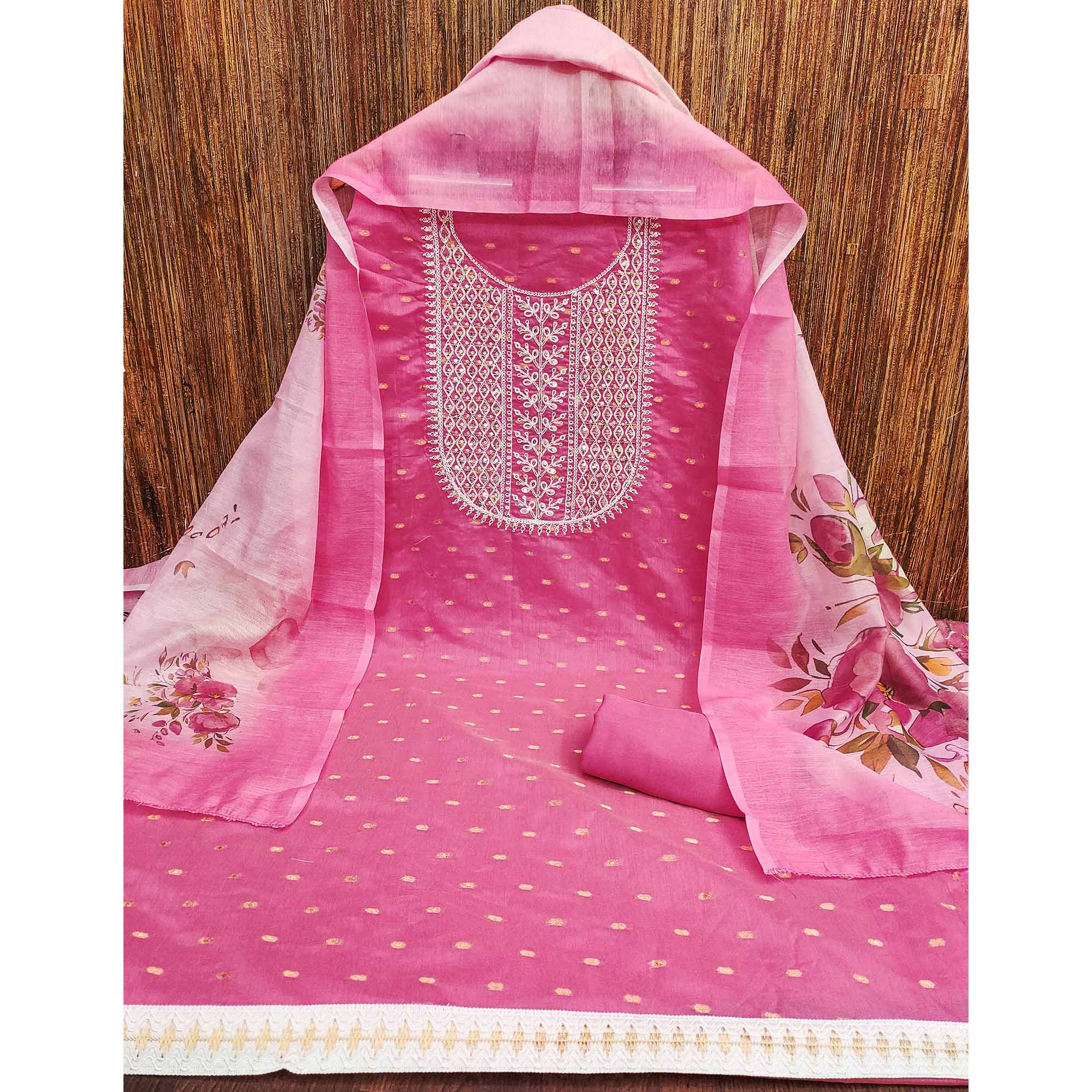 Pink Woven With Sequins Embroidered Chanderi Dress Material