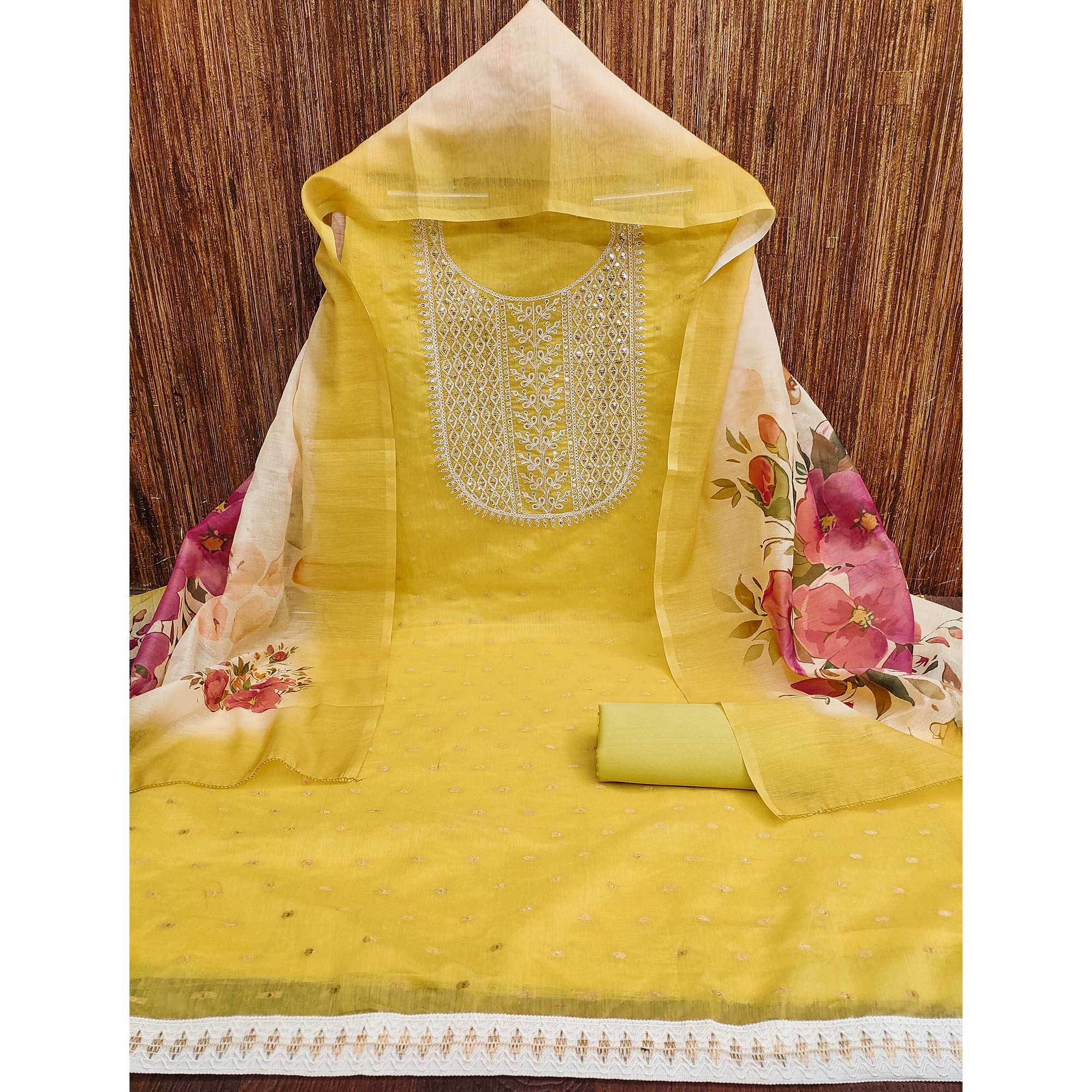 Yellow Woven With Sequins Embroidered Chanderi Dress Material