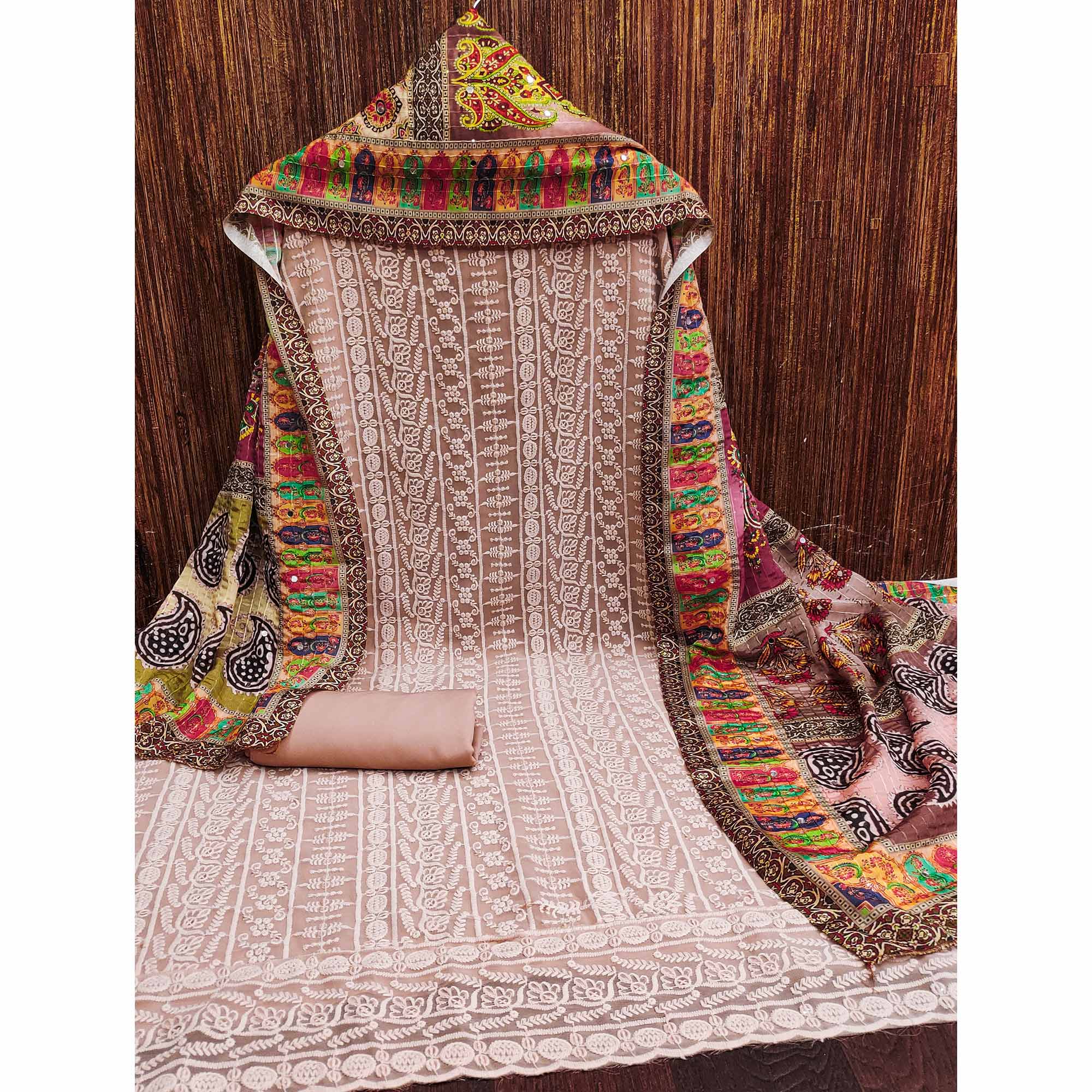 Coffee Brown Floral Chikankari Work Georgette Dress Material