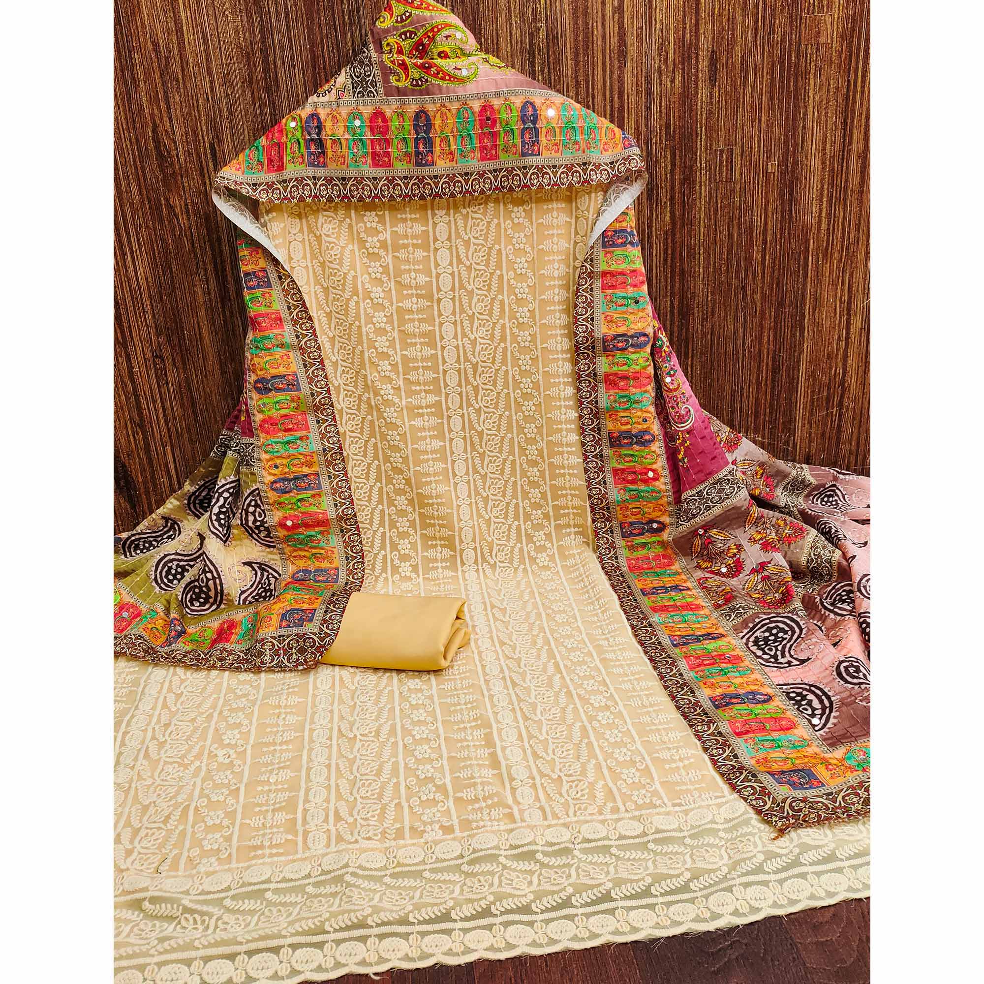 Light Yellow Floral Chikankari Work Georgette Dress Material