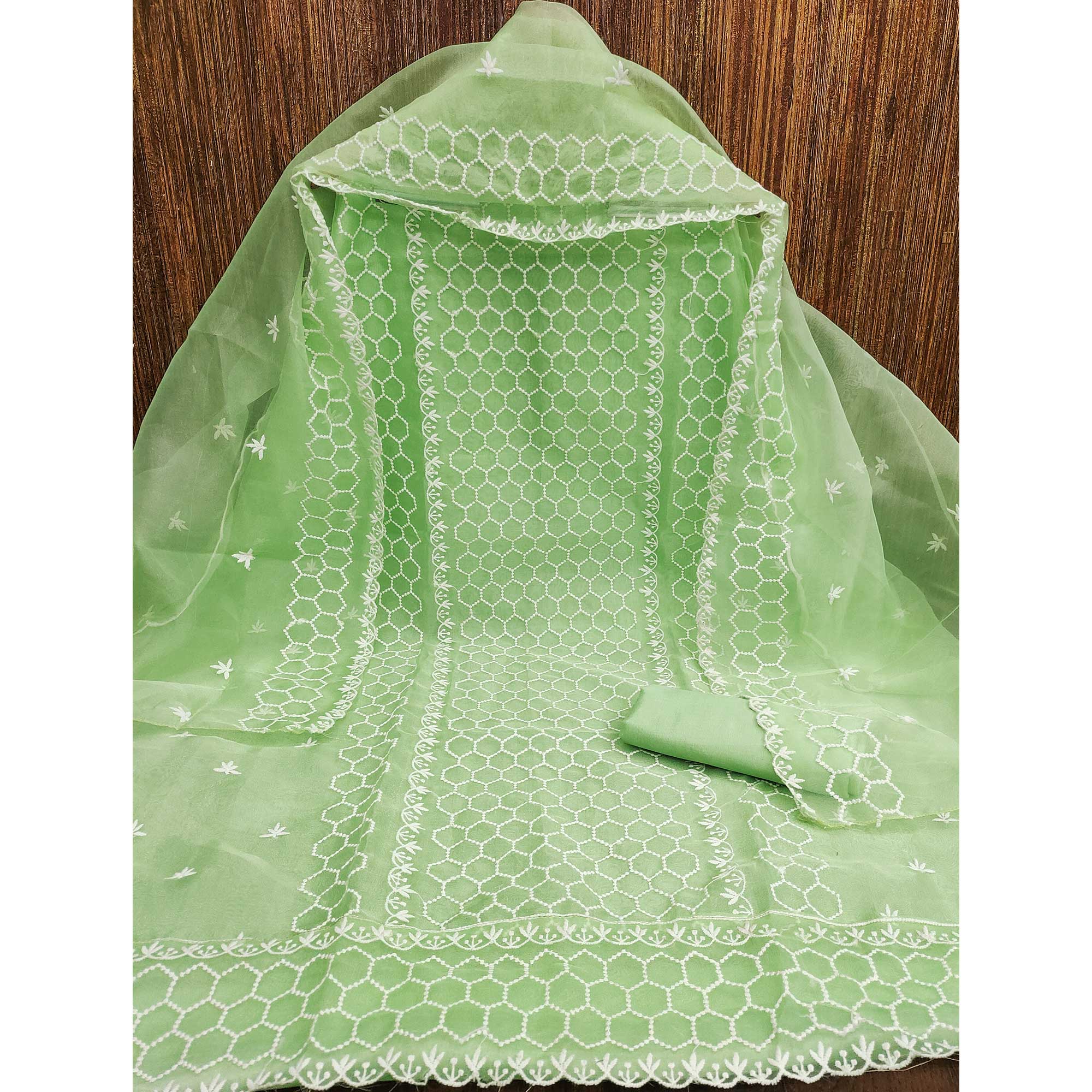 Green Embroidered Organza Dress Material