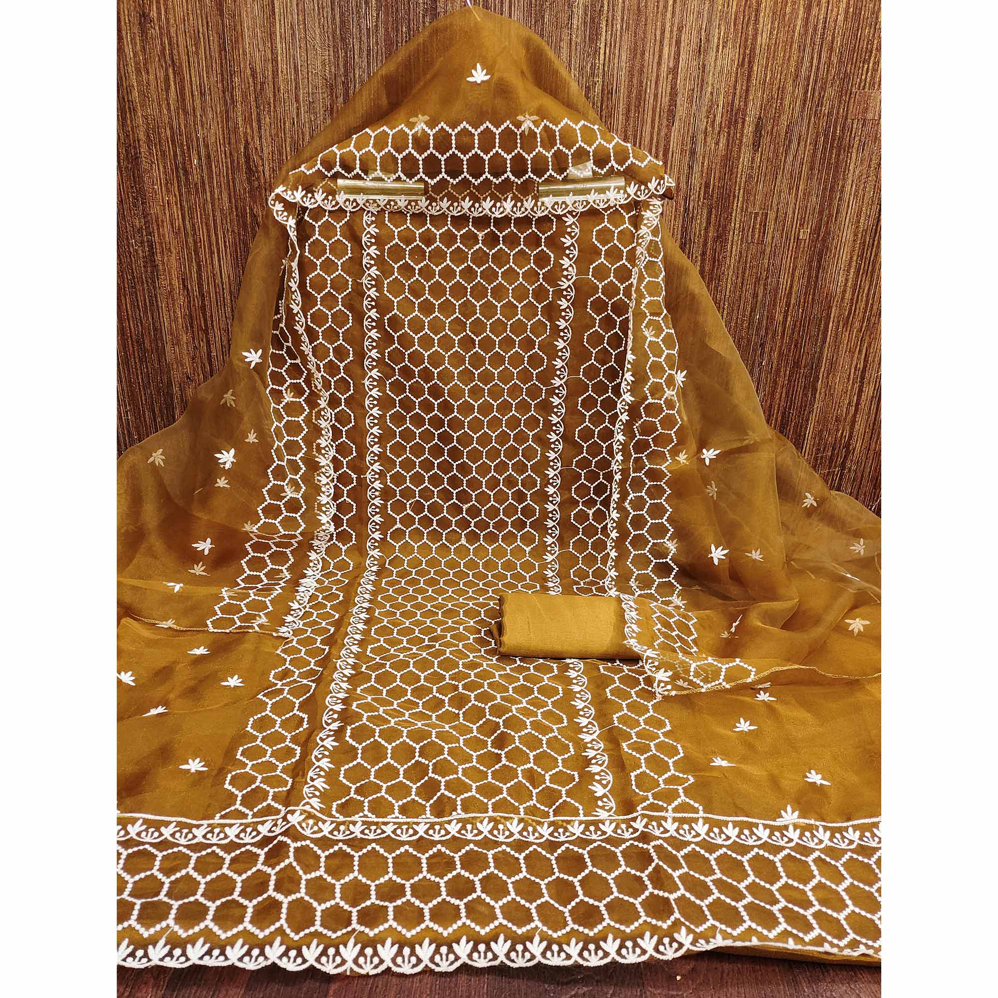 Mustard Embroidered Organza Dress Material