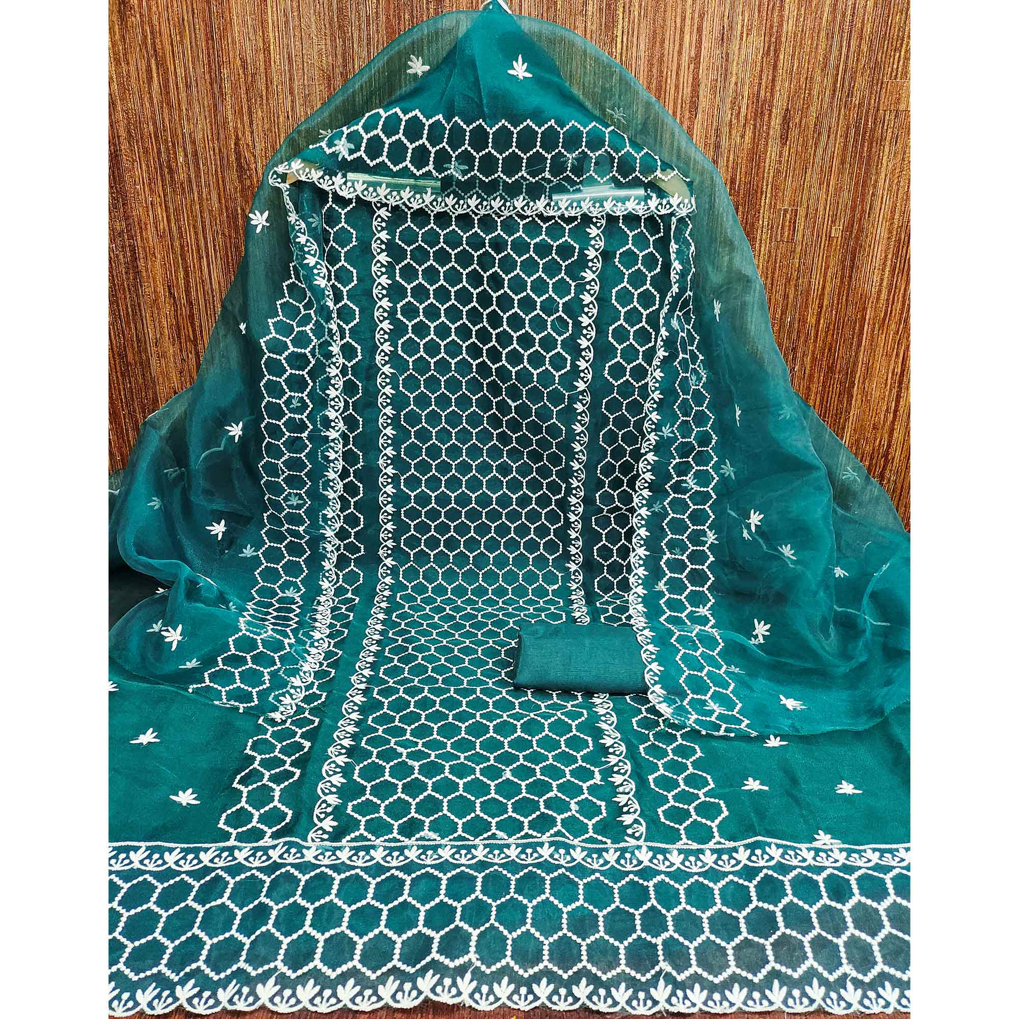 Teal Embroidered Organza Dress Material