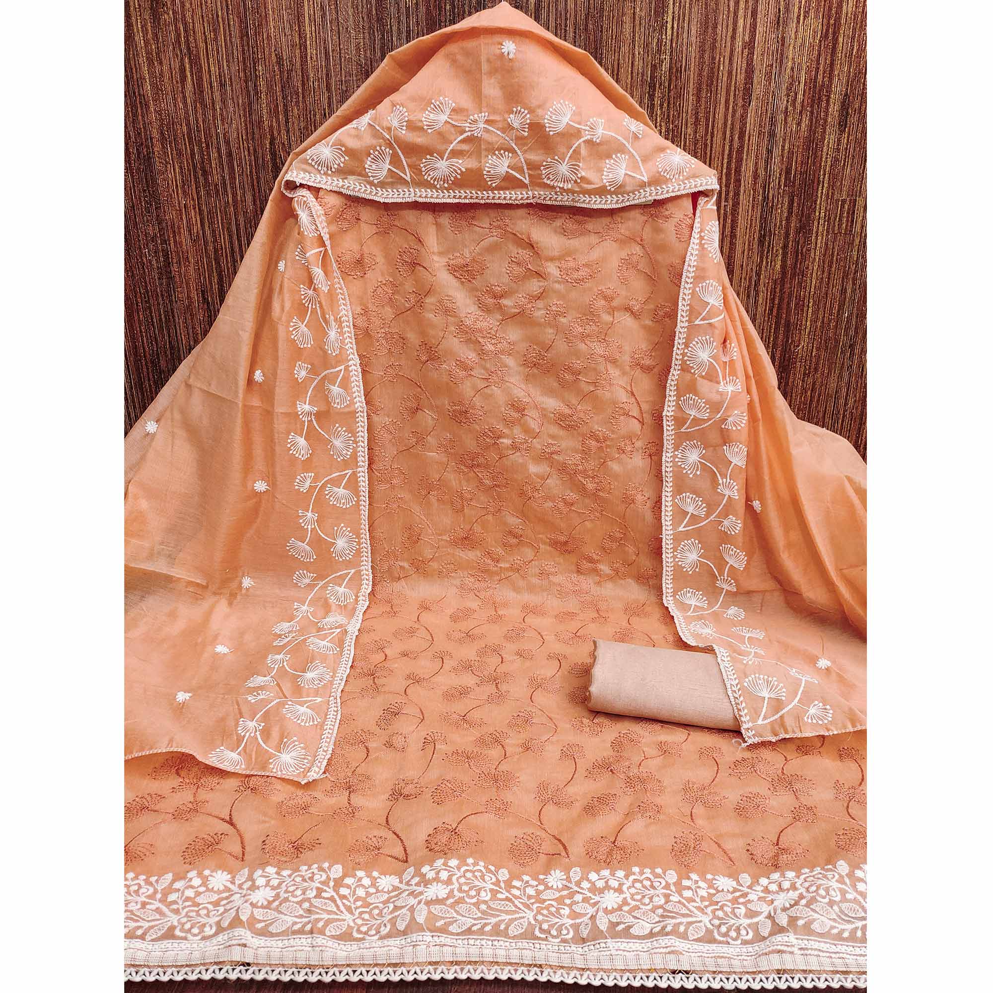 Peach Floral Embroidered Chanderi Dress Material