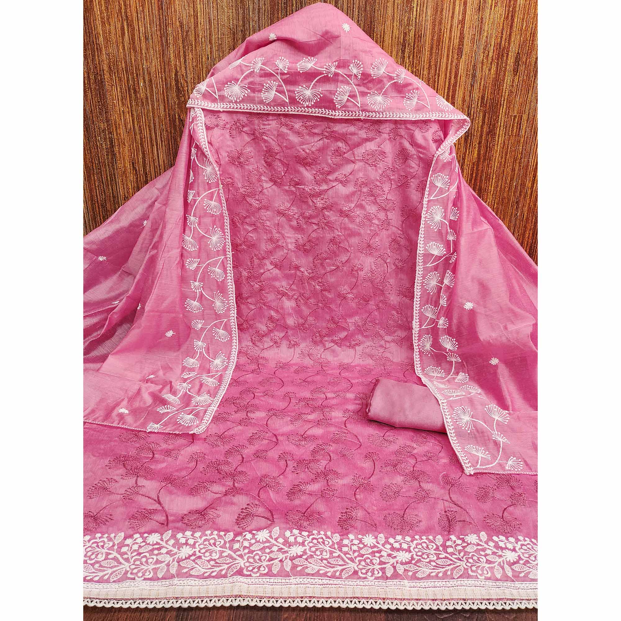 Pink Floral Embroidered Chanderi Dress Material