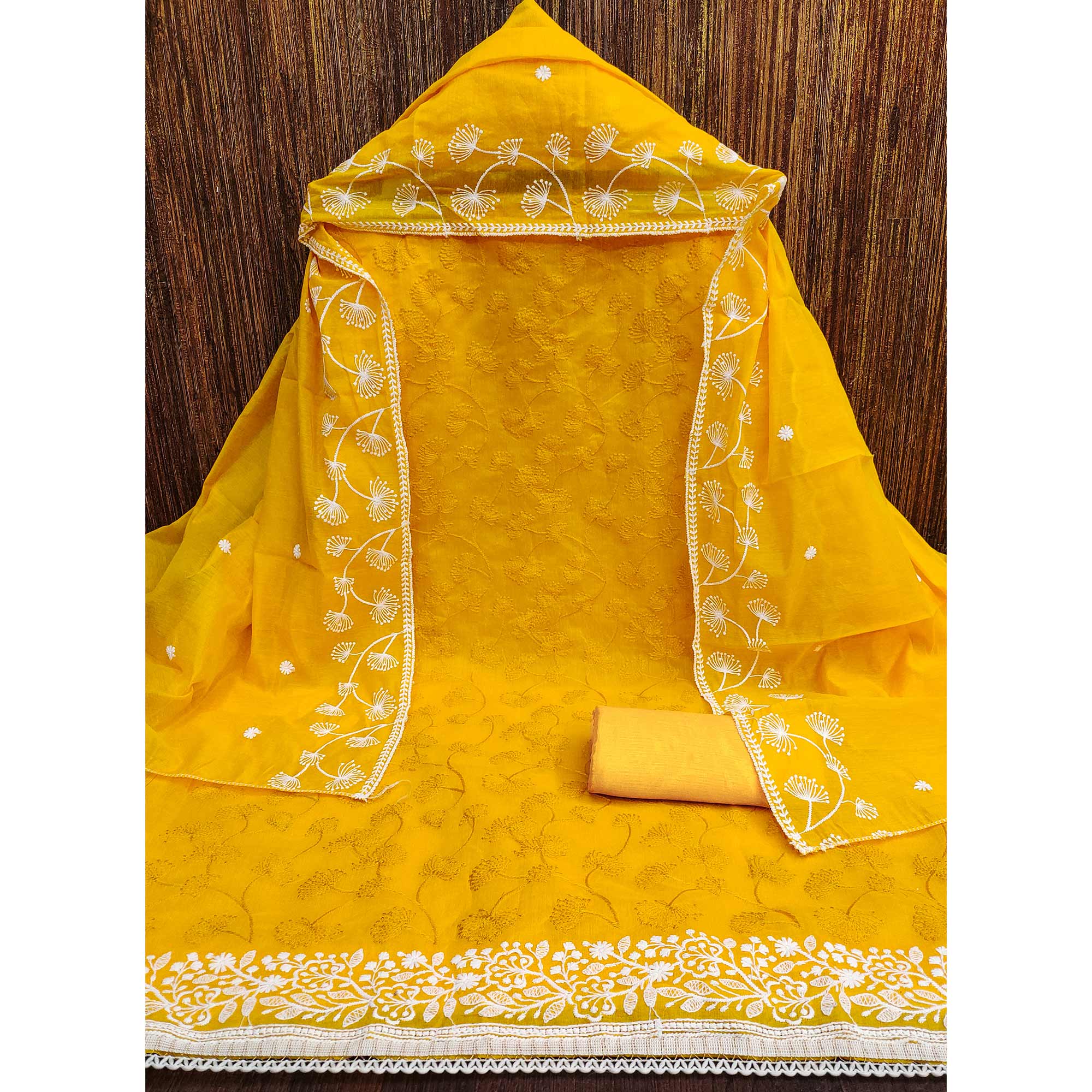 Yellow Floral Embroidered Chanderi Dress Material