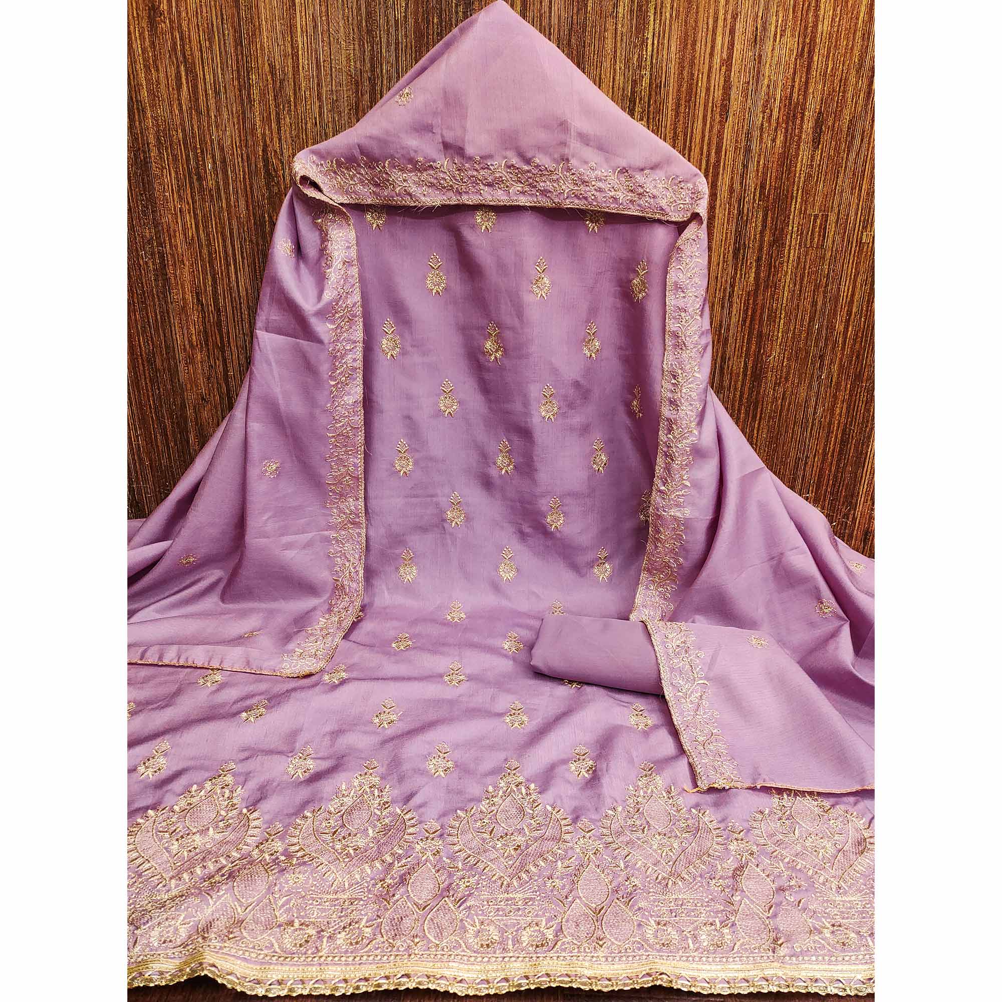 Lavender Floral Embroidered Cotton Blend Dress Material