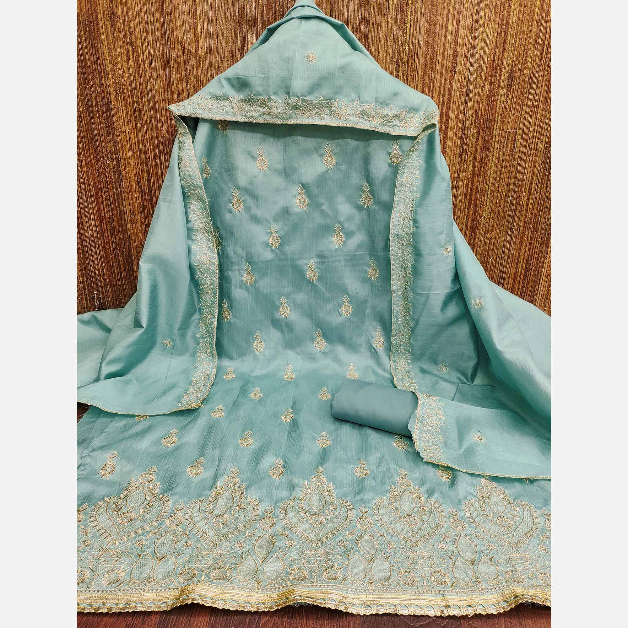 Turquoise Floral Embroidered Cotton Blend Dress Material