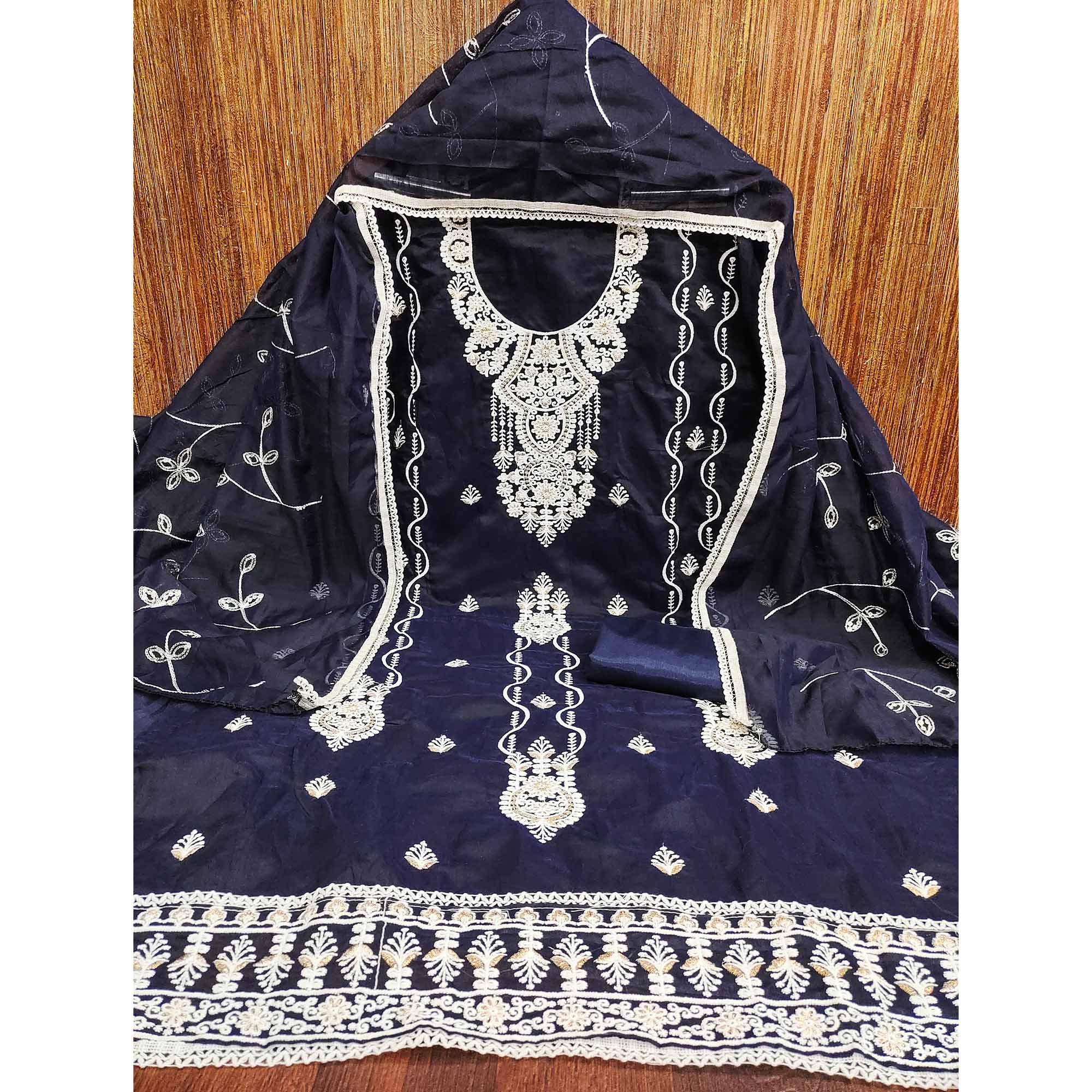 Navy Blue Floral Embroidered Chanderi Dress Material