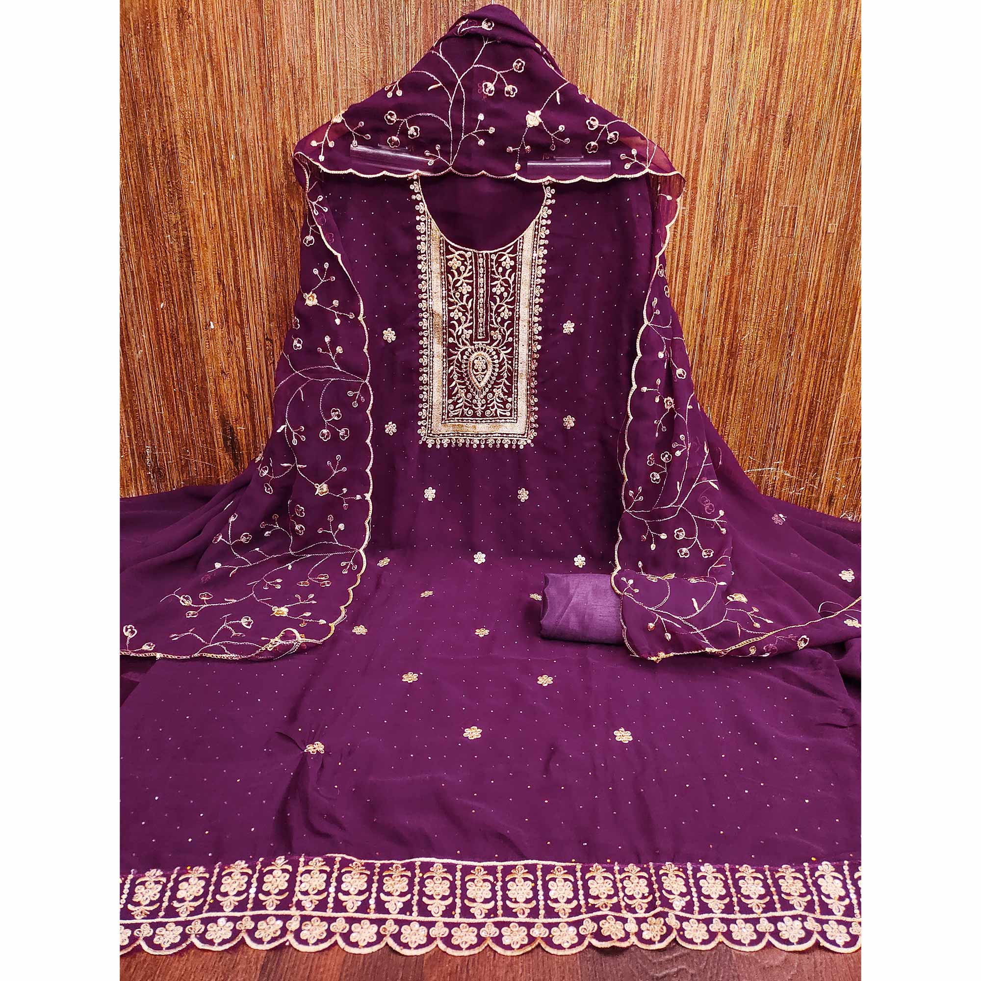 Purple Floral Embroidery With Stonework Georgette Dress Material