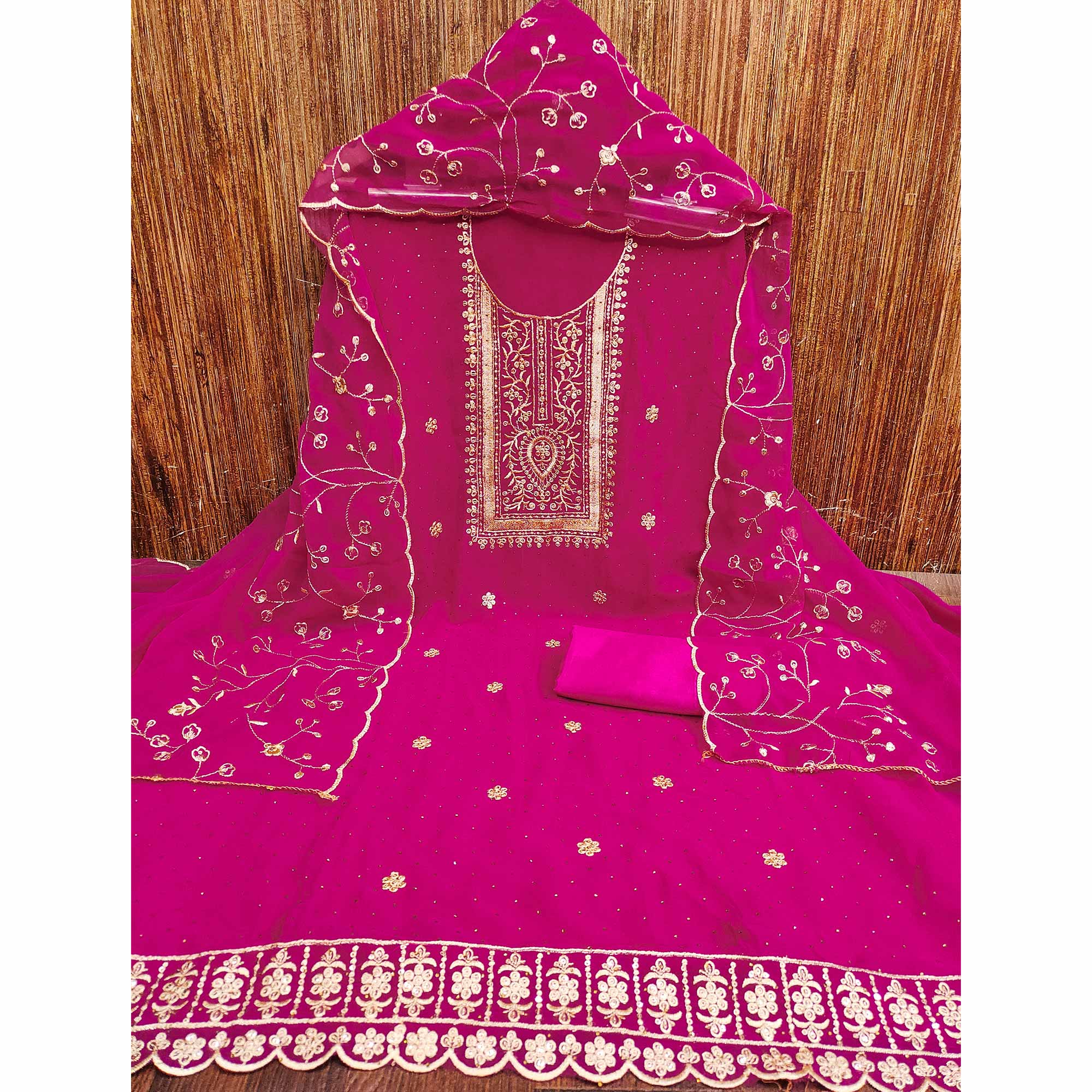 Rani Pink Floral Embroidery With Stonework Georgette Dress Material