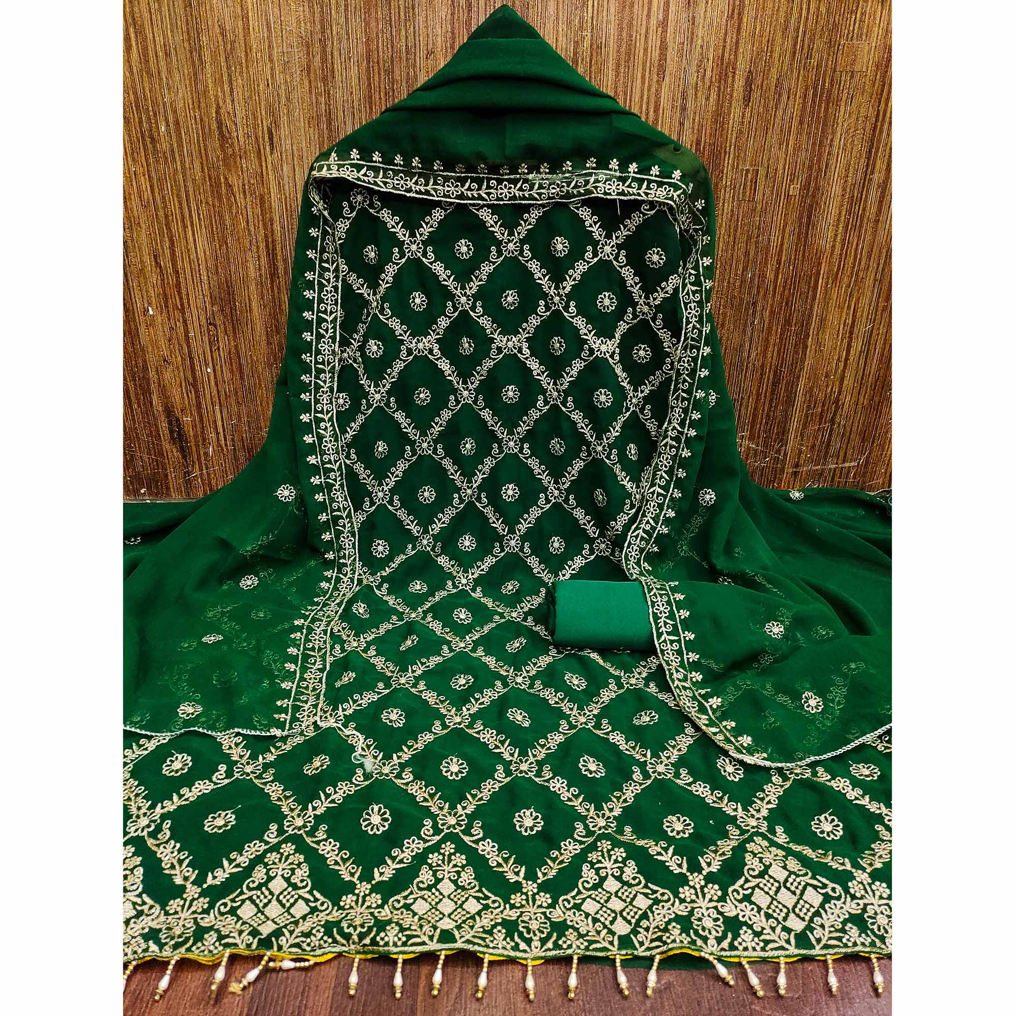 An Ethereal Charm Green Floral Embroidered Georgette Dress Material