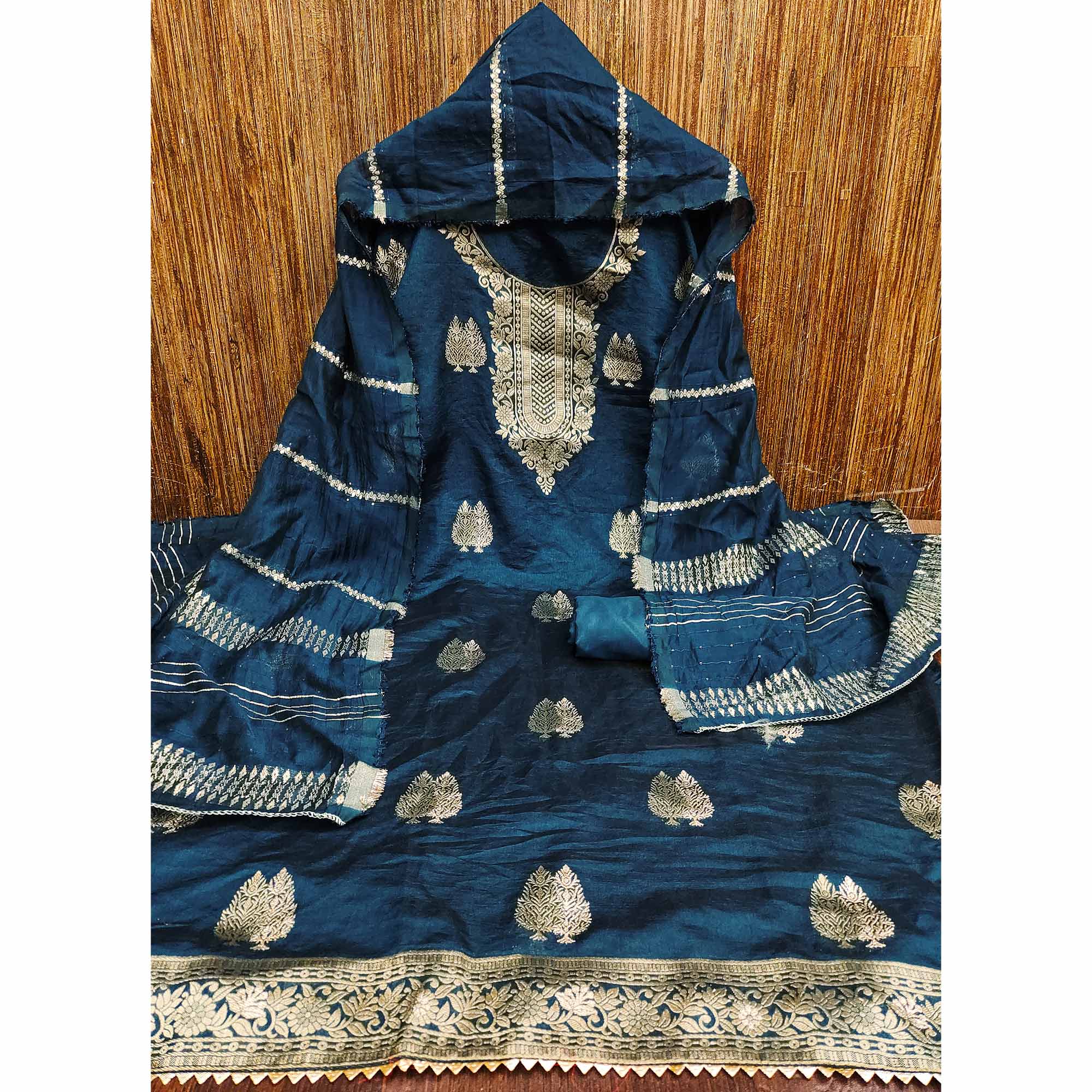Redefine Elegance with this Blue Floral Woven Banarasi Jacquard Dress Material