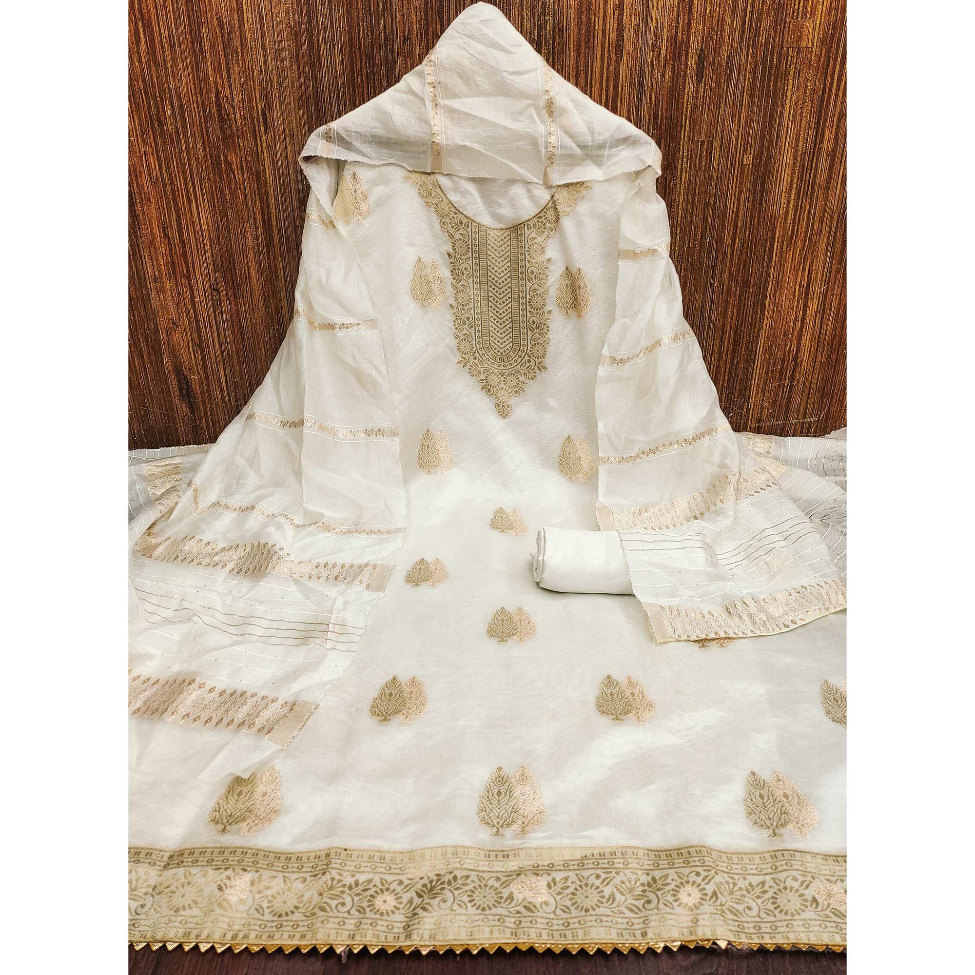 The Perfect Blend of Grace Cream Floral Woven Banarasi Jacquard Dress Material