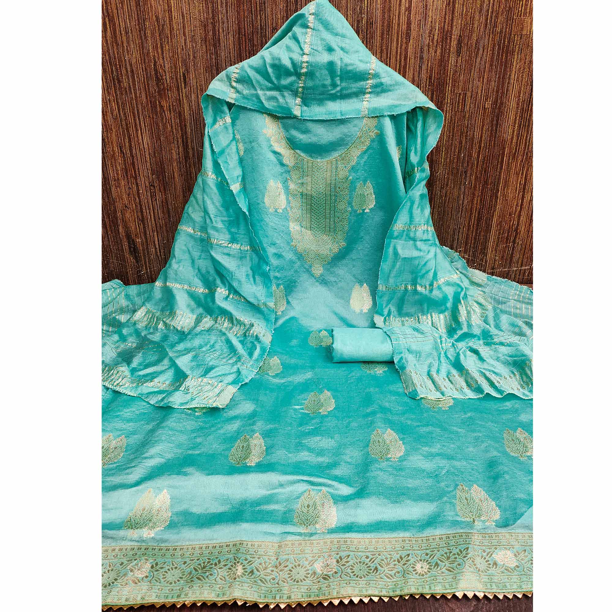 Drape Yourself in Luxury Turquoise Floral Woven Banarasi Jacquard Dress Material