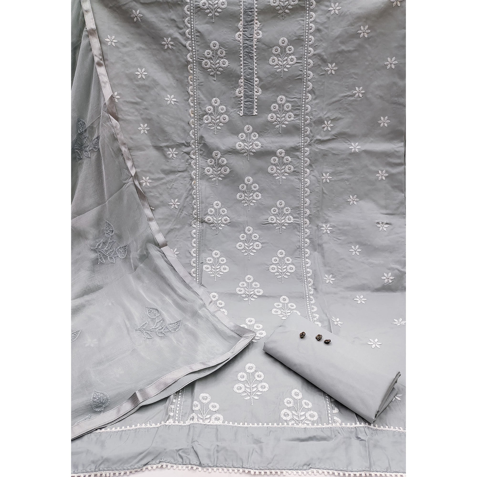 Unleash Your Style with this Grey Floral Thread Embroidered Cotton Blend Dress Material