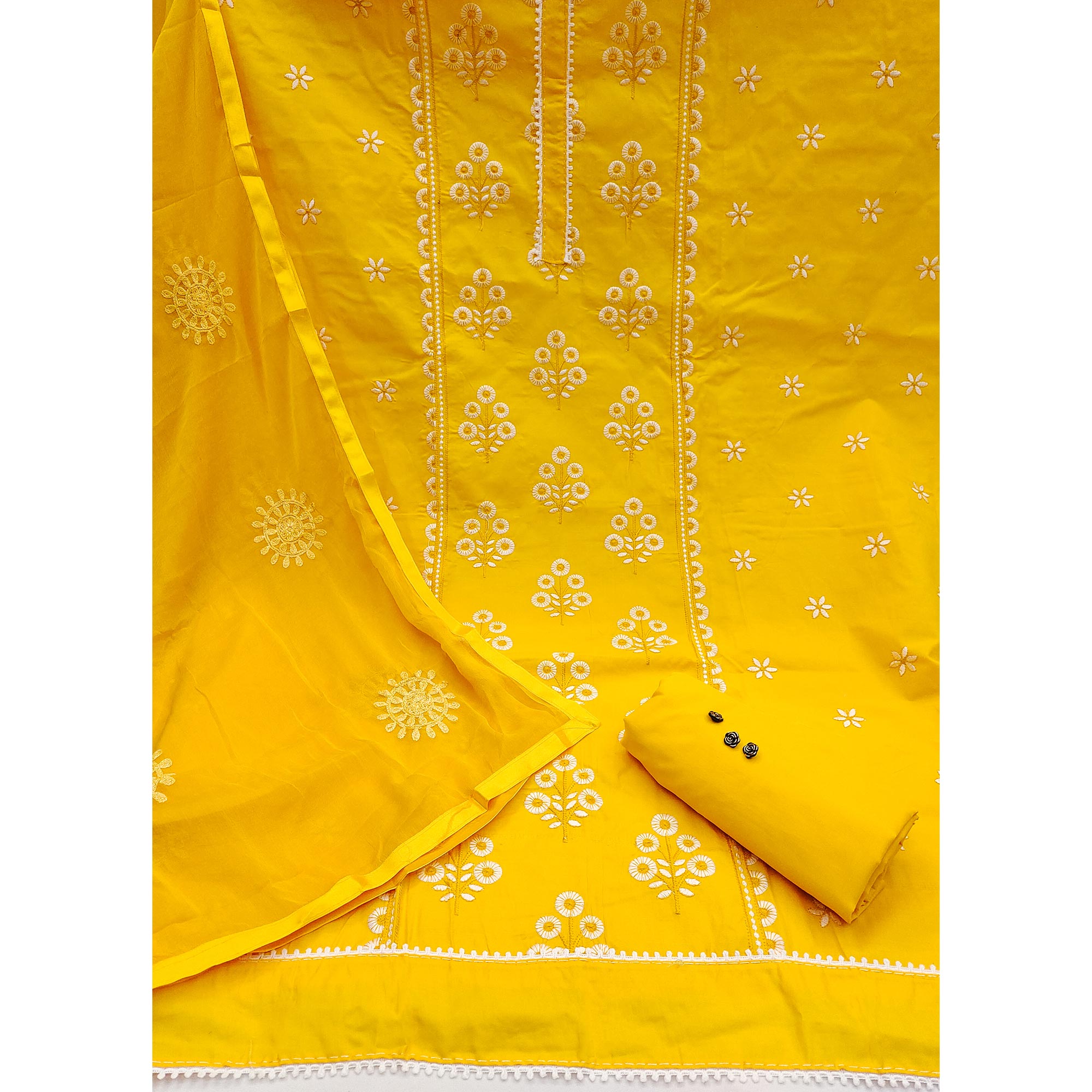 Make a Statement with Yellow Floral Thread Embroidered Cotton Blend Dress Material