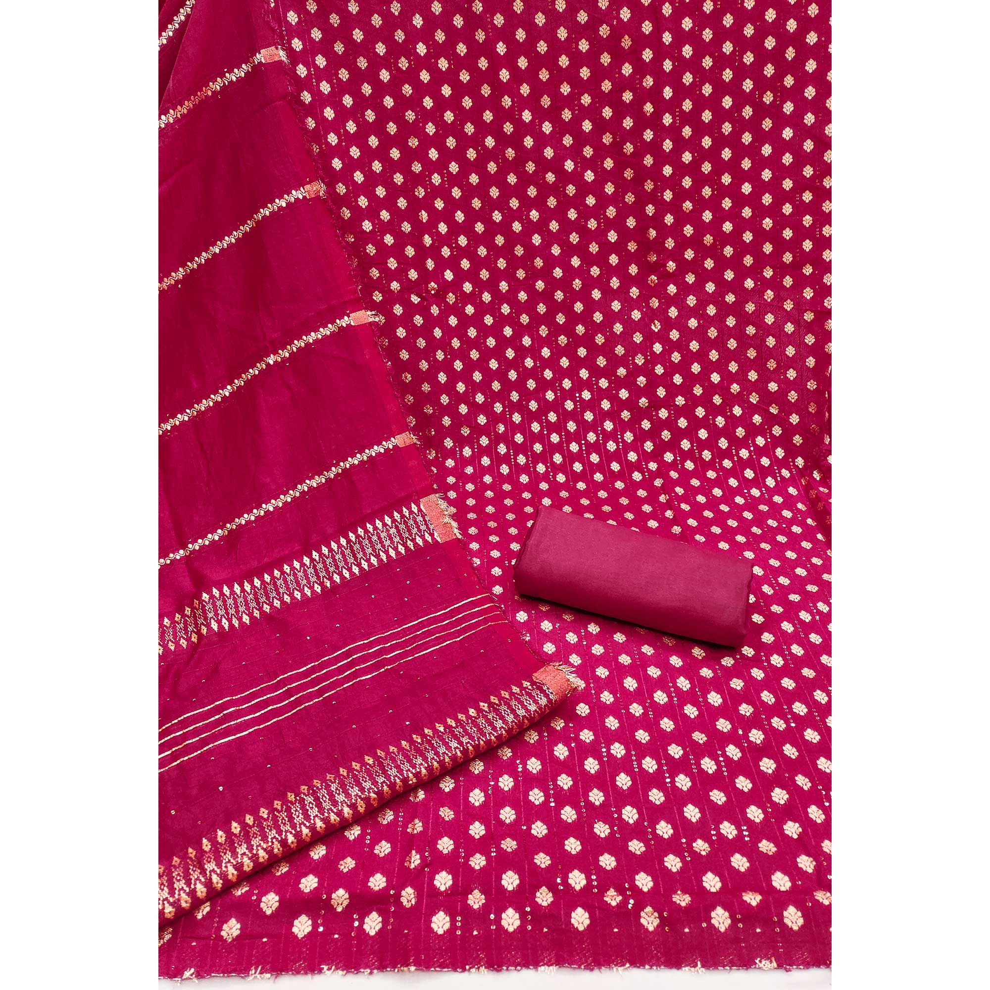 Unleash Your Style with this Rani Pink Floral Woven With Sequins Embroidered Banarasi Jacquard Dress Material