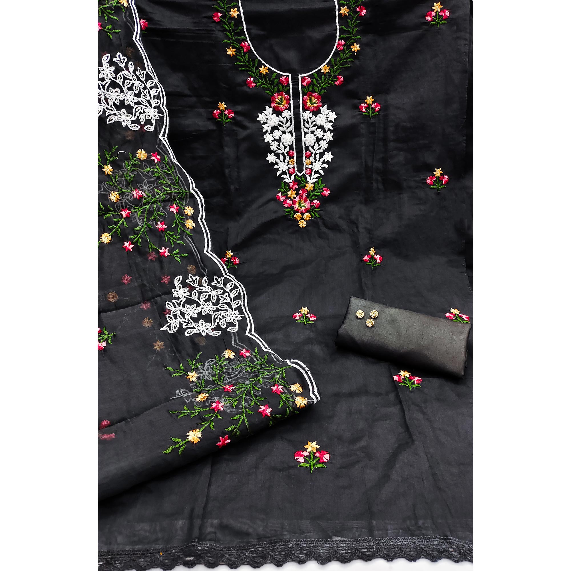 The Perfect Blend of Grace Black Floral Sequins Embroidered Chanderi Dress Material