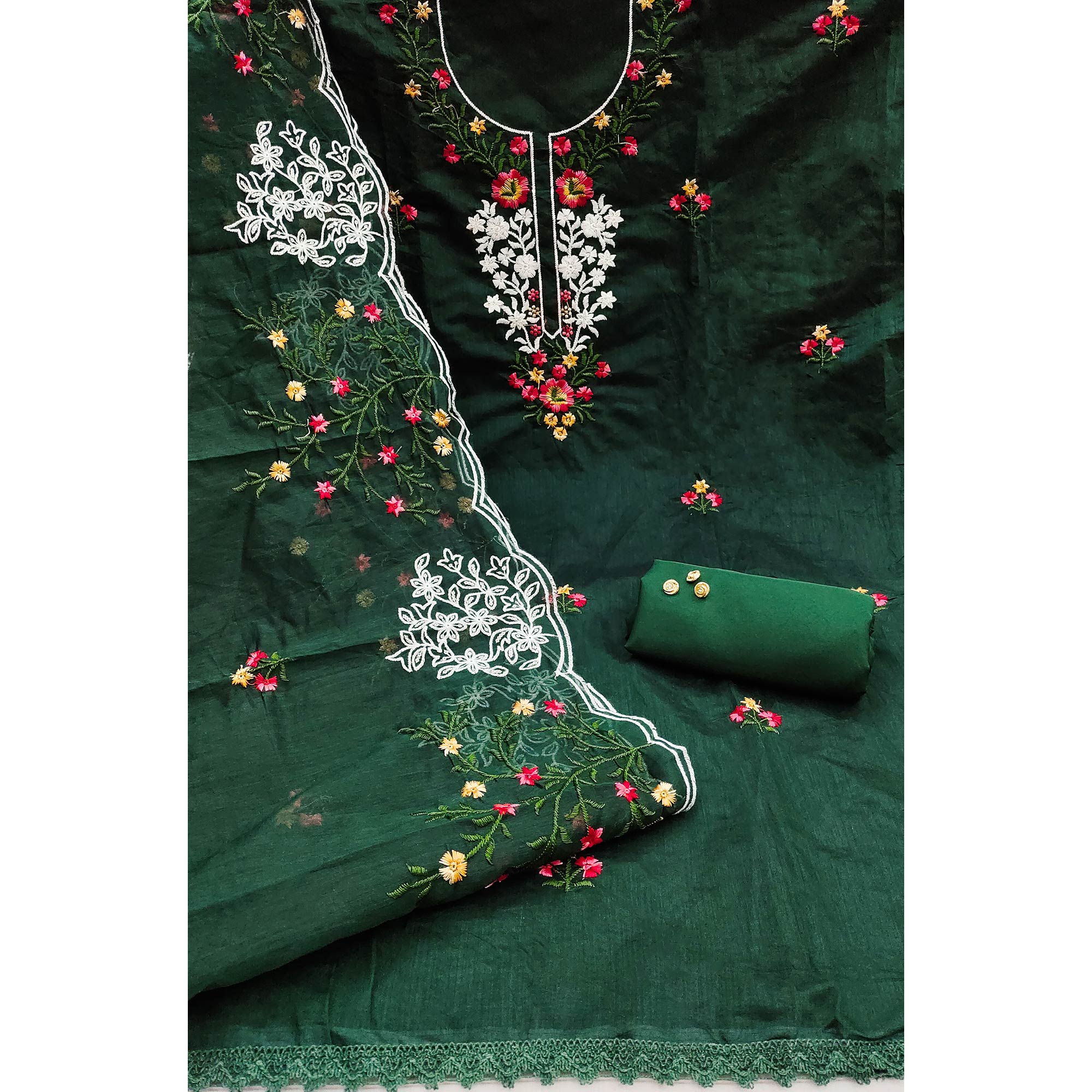 The Perfect Blend of Grace Bottle Green Floral Sequins Embroidered Chanderi Dress Material