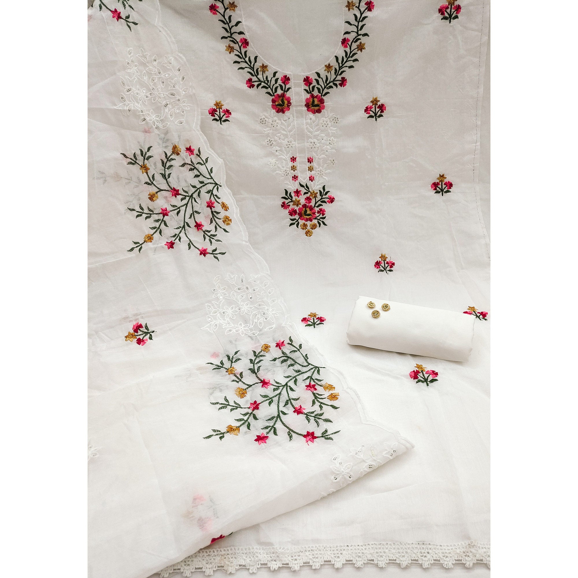 The Perfect Blend of Grace White Floral Sequins Embroidered Chanderi Dress Material