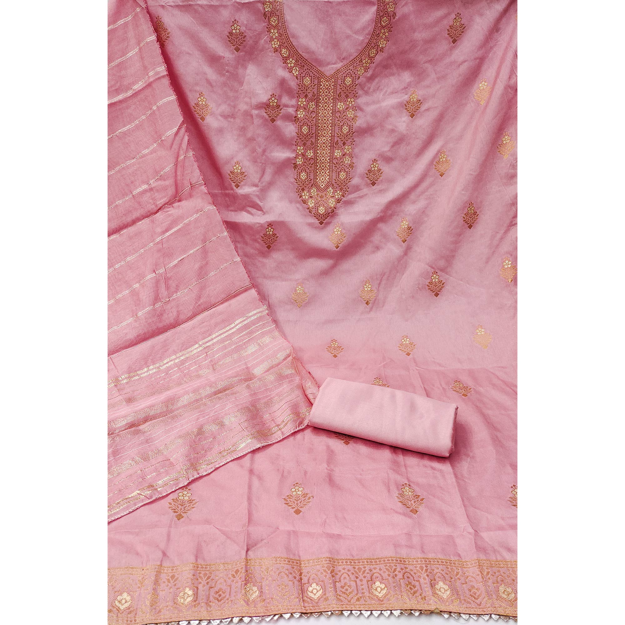 Graceful Baby Pink Banarasi Jacquard Dress Material Adorned With Ornate Zari Floral Weaves