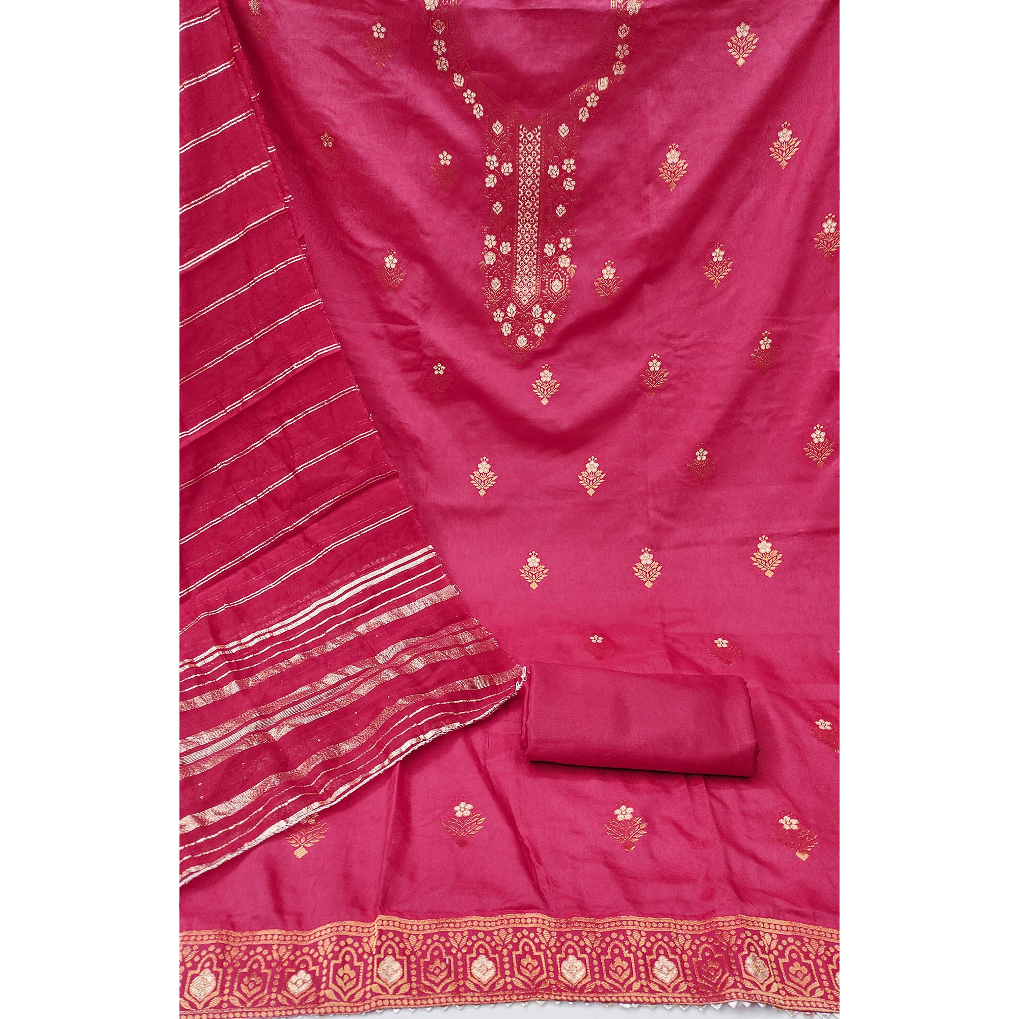 Refreshing Rani Pink Banarasi Jacquard Dress Material Adorned With Ornate Zari Floral Weaves