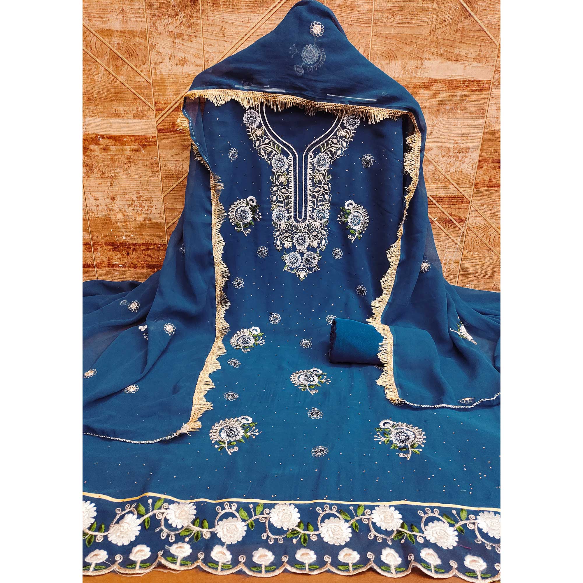 Blue Georgette Dress Material With Exquisite Floral Embroidery & Shimmering Stonework