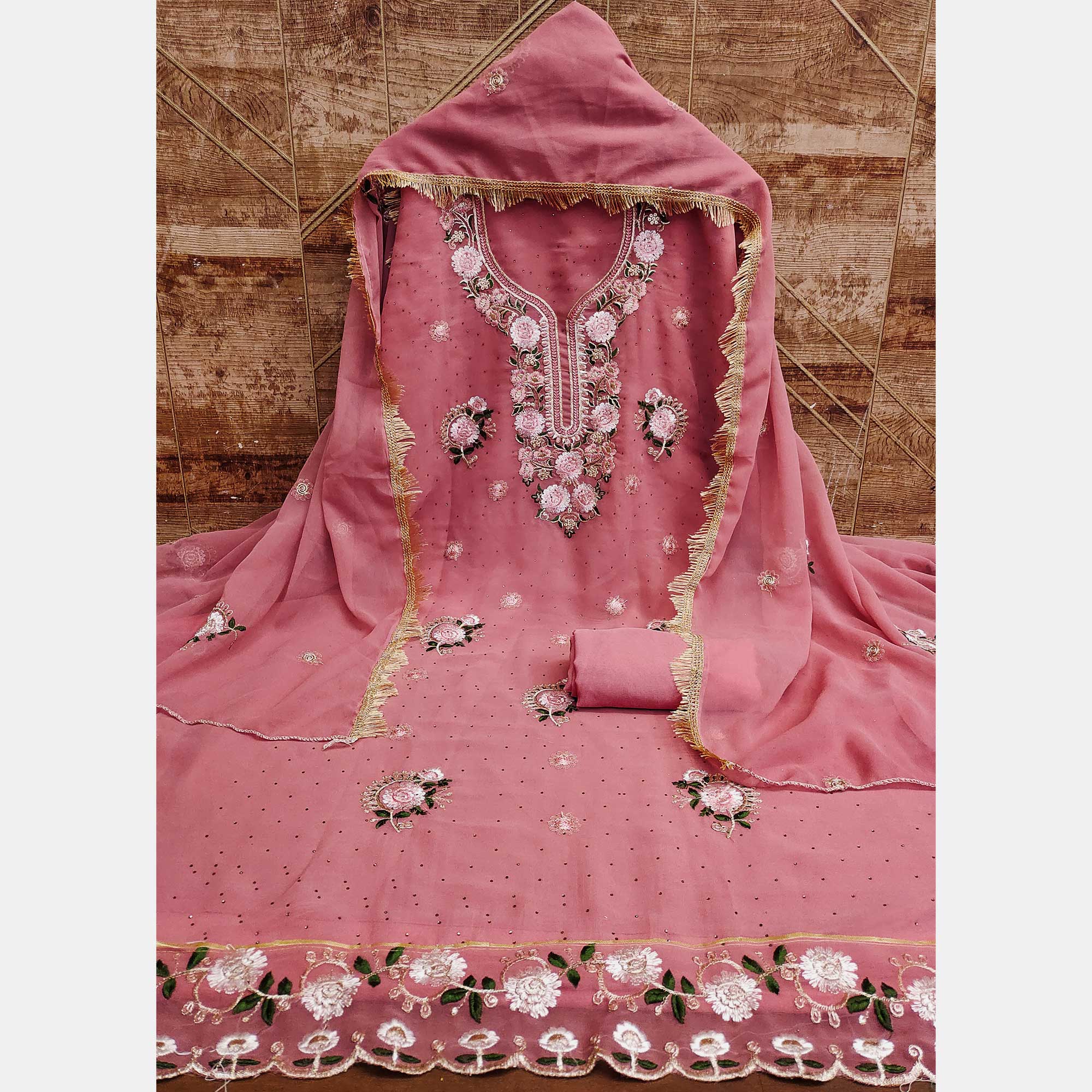Coral Pink Georgette Dress Material With Exquisite Floral Embroidery & Shimmering Stonework