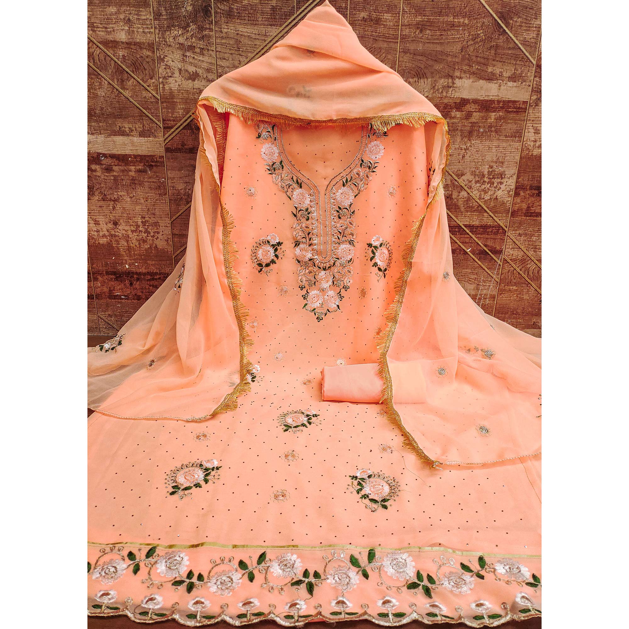 Orange Georgette Dress Material With Exquisite Floral Embroidery & Shimmering Stonework