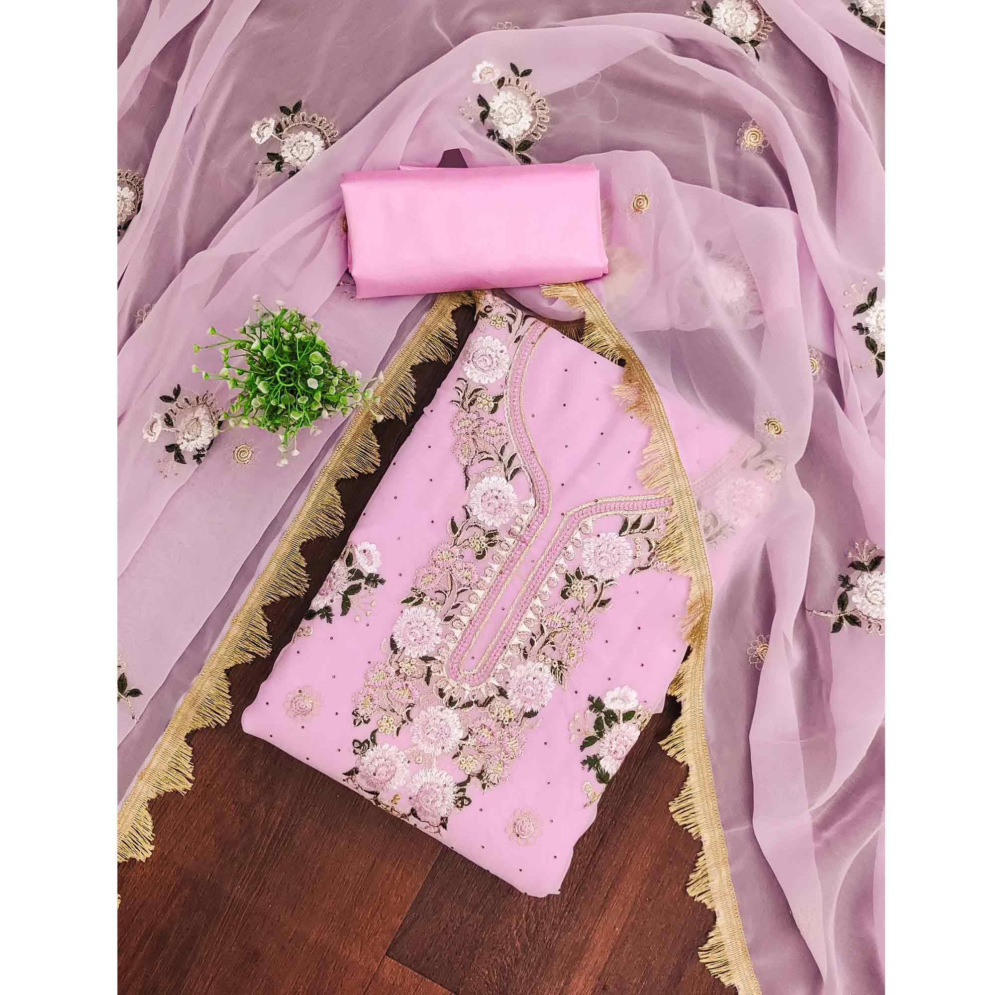 Pink Georgette Dress Material With Exquisite Floral Embroidery & Shimmering Stonework