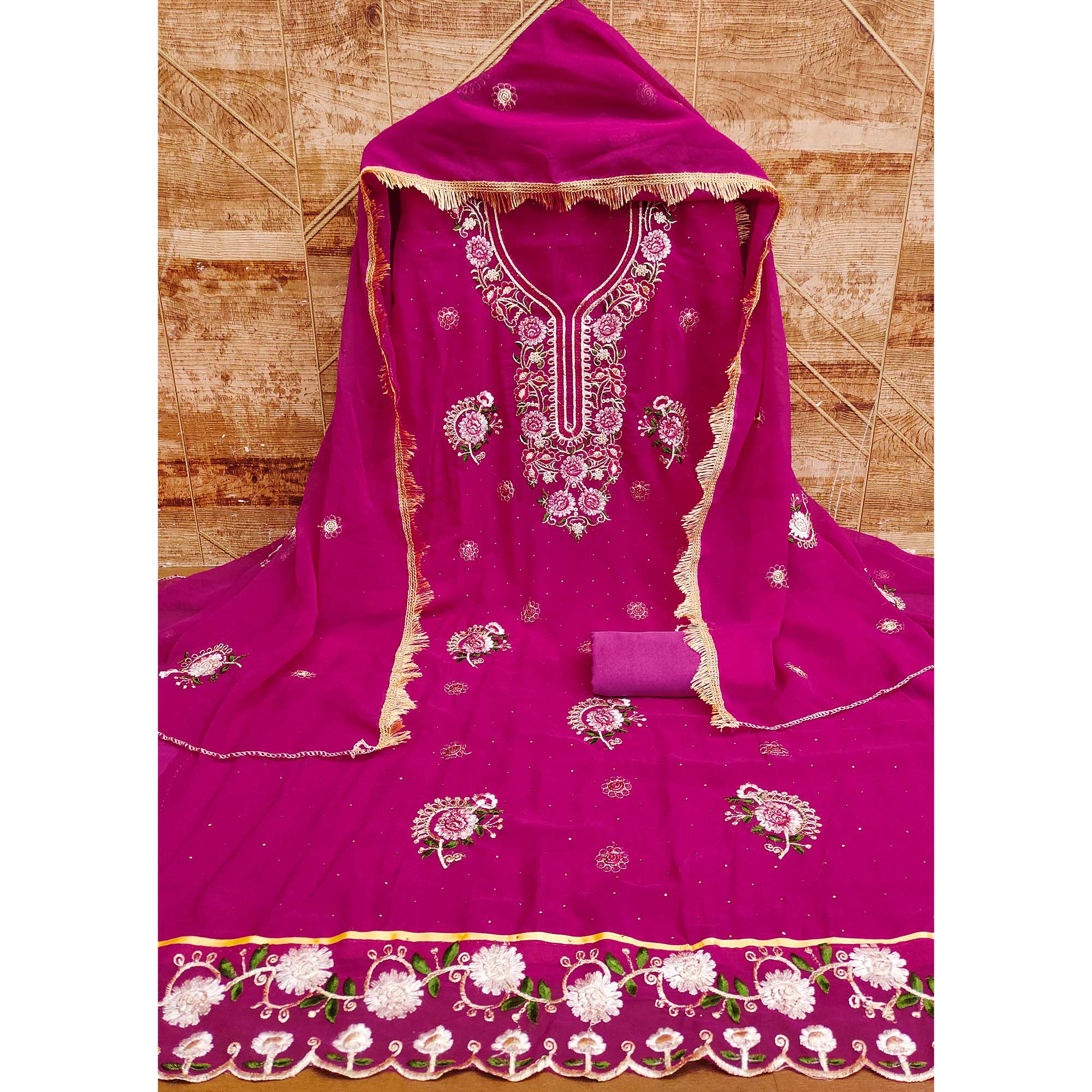 Rani Pink Georgette Dress Material With Exquisite Floral Embroidery & Shimmering Stonework