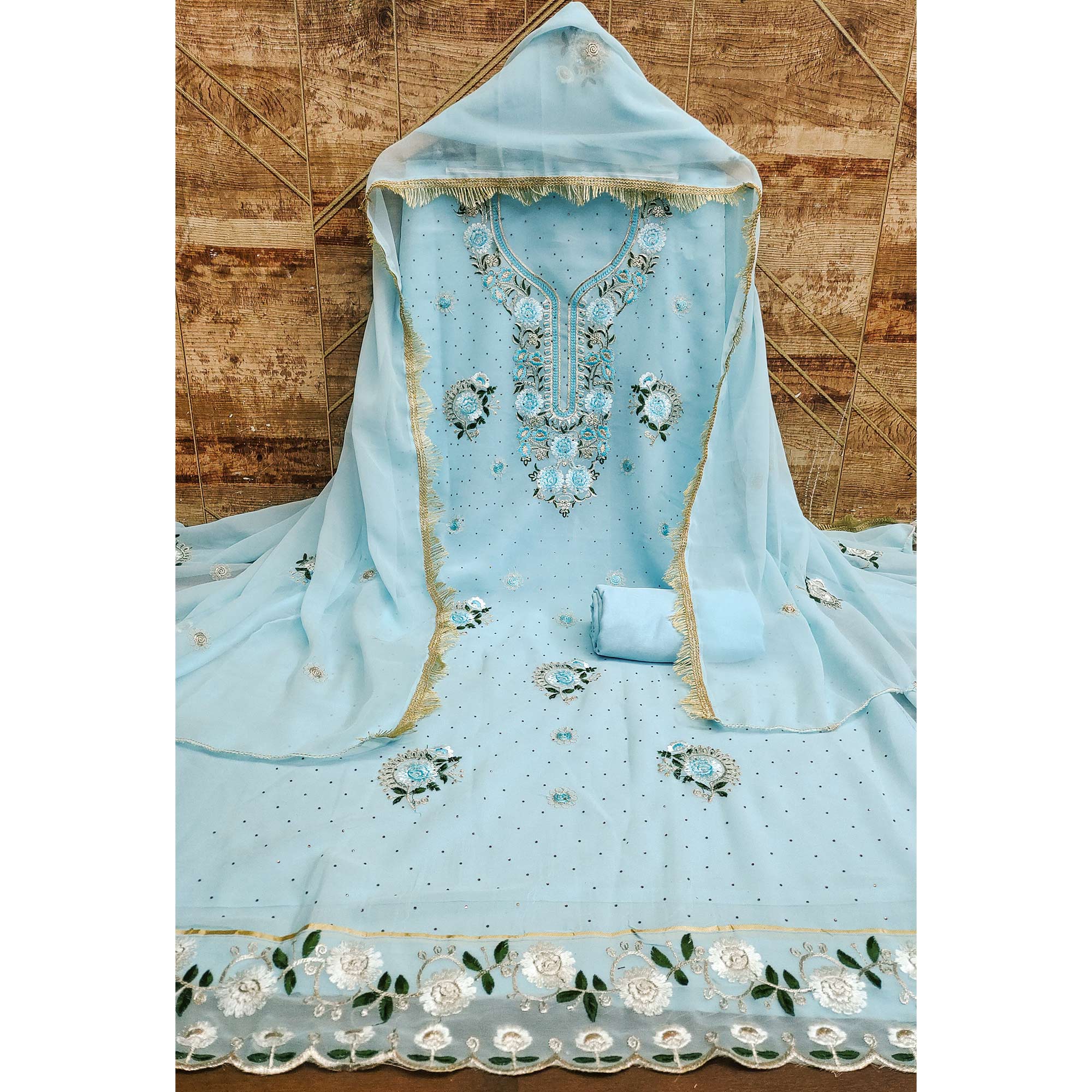 Sky Blue Georgette Dress Material With Exquisite Floral Embroidery & Shimmering Stonework