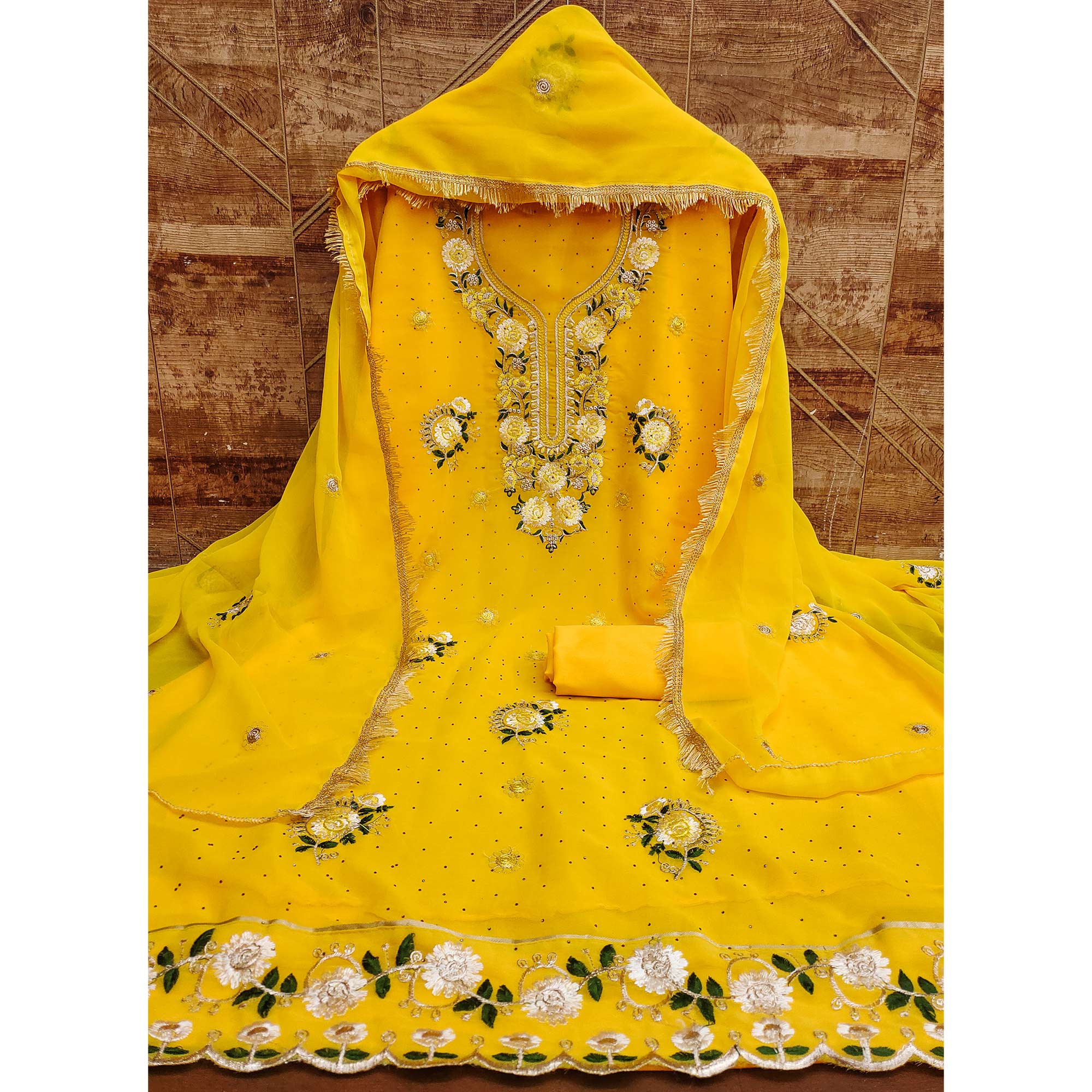 Yellow Georgette Dress Material With Exquisite Floral Embroidery & Shimmering Stonework