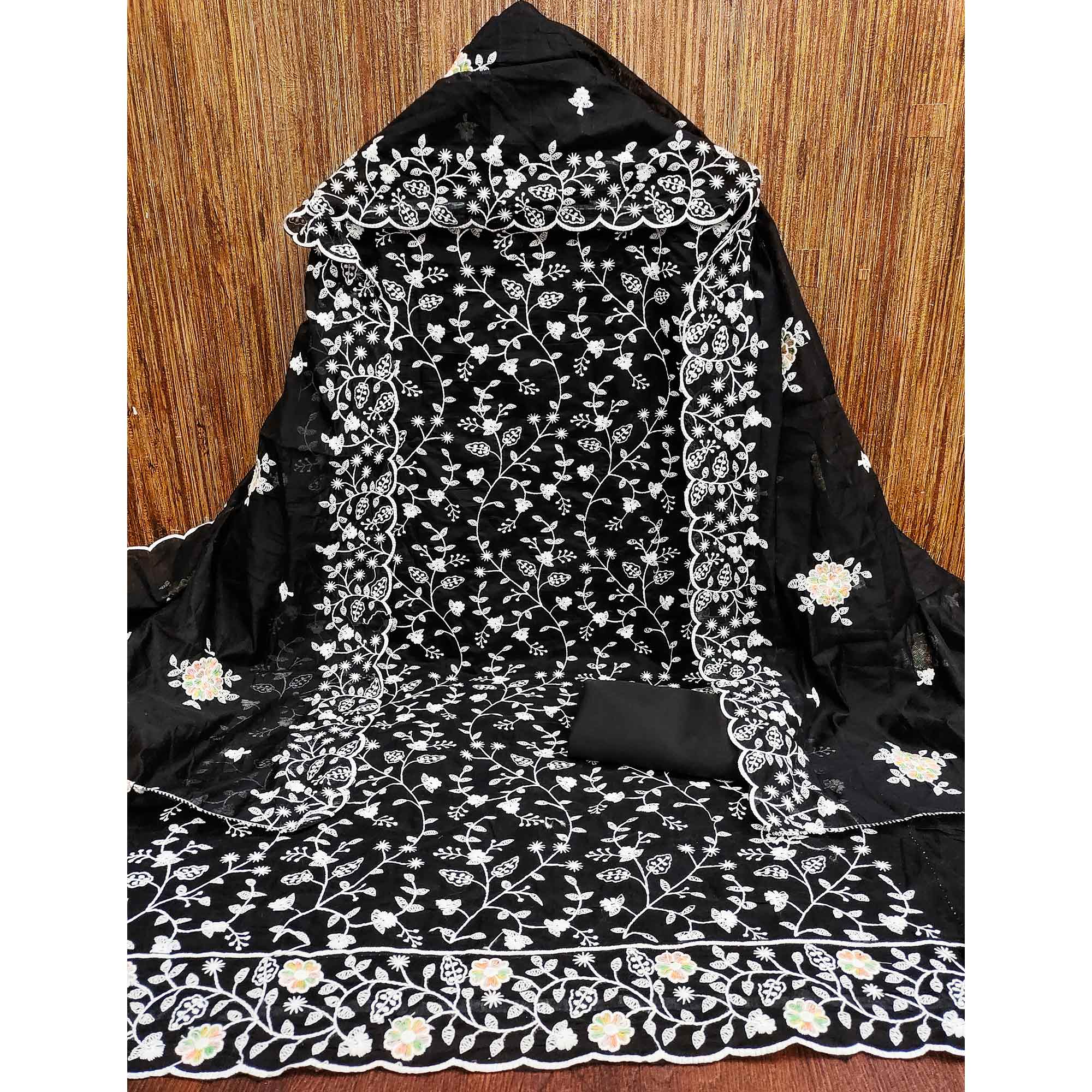 Timeless Black Chanderi Silk Dress Material With Delicate Floral Thread Embroidery