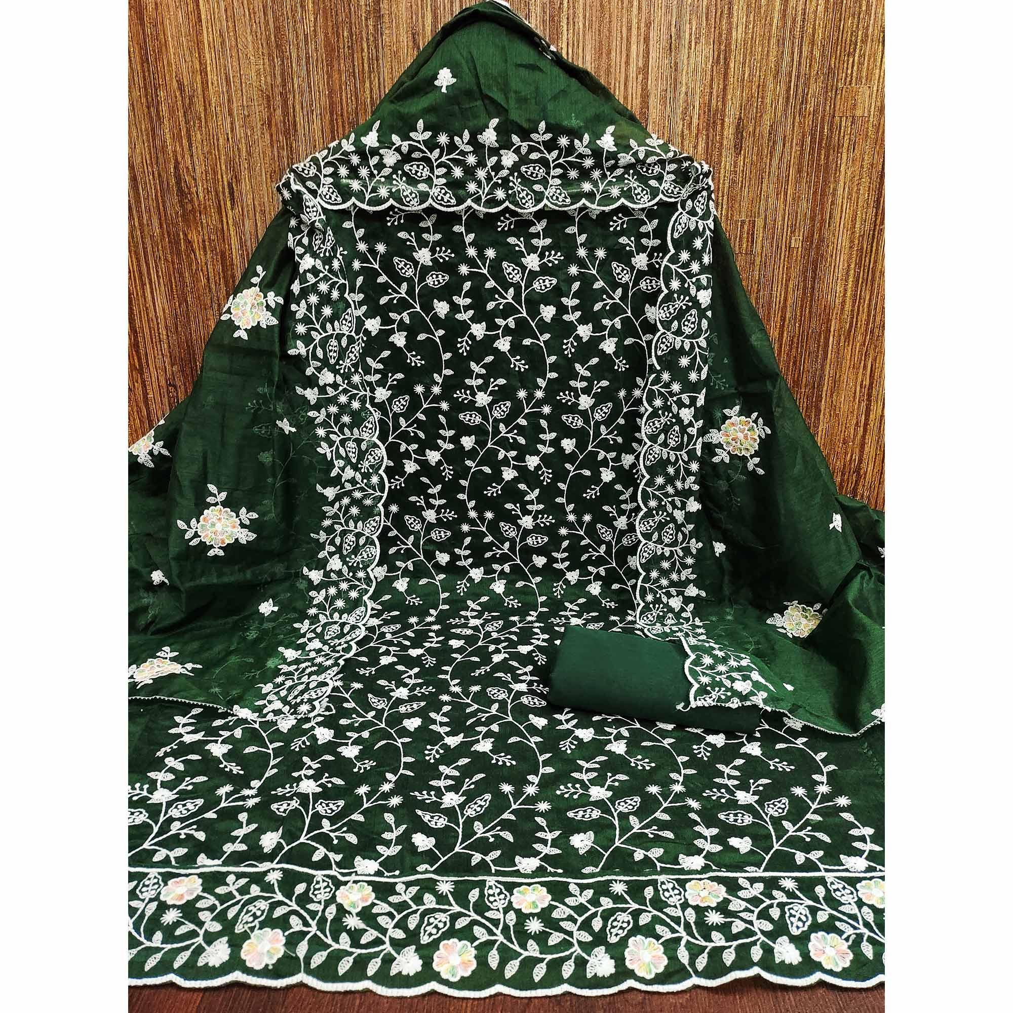 Regal Bottle Green Chanderi Silk Dress Material With Intricate Floral Thread Embroidery