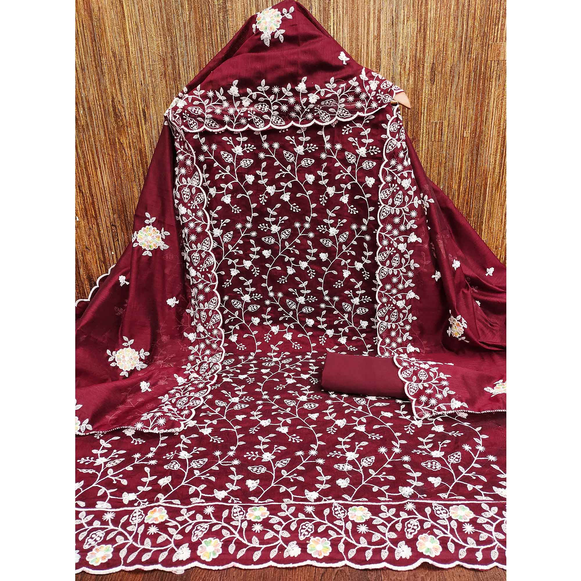 Sophisticated Maroon Chanderi Silk Dress Material With Exquisite Floral Thread Embroidery