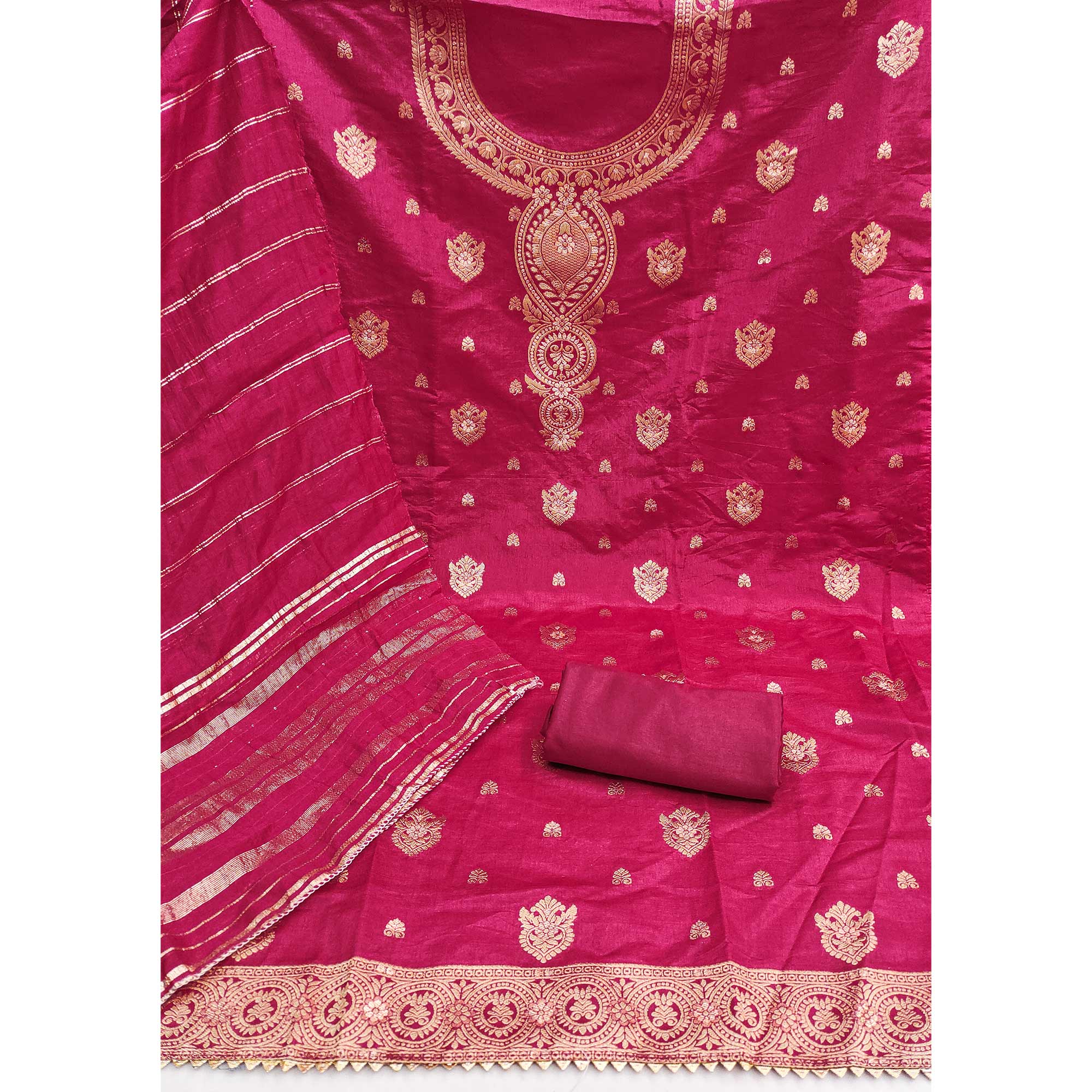 Dark Pink Banarasi Silk Dress Material With Classic Zari Design